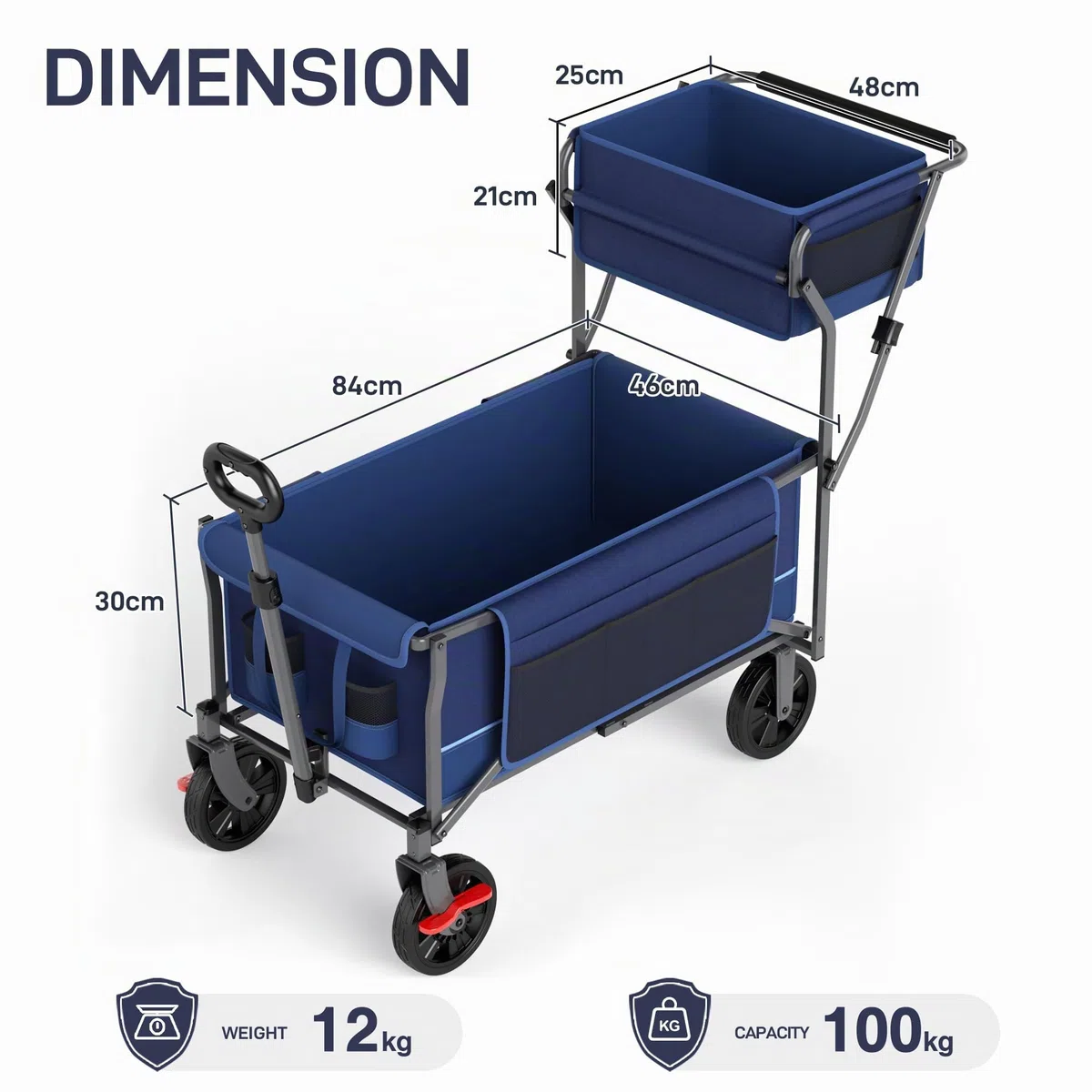 EVER ADVANCED Chariot de Transport Pliable Pousser&Tirer avec Frein, Panier à provisions, Porte-gobelets, Poche latérale, Chariot de Plage jusqu'à 100kg pour Camping, Plage, Courses