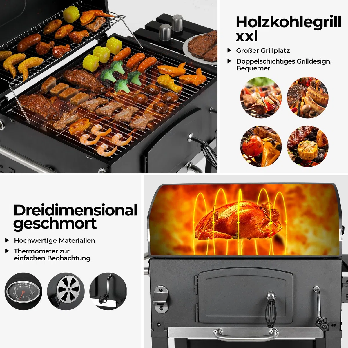 LIFERUN Barbecue Charbon de Bois XL, Grand Barbecue a Charbon avec Couvercle, BBQ Smoker avec Thermomètre et 2PCS Roues, Gril Réglable en Hauteur, Grill au Charbon de Bois pour Camping et Jardin