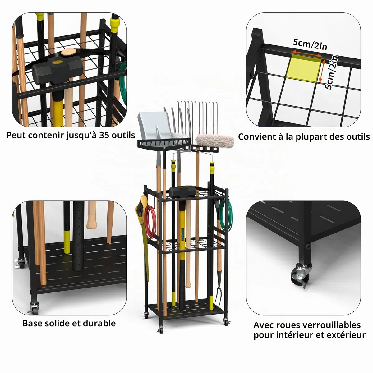 Rangement outils jardin 3 niveaux,polyvalent,roulettes freinables, M | 42*30*85cm, 35 positions, outils longs/courts, 4 crochets, robuste, roulettes freinables, anti-rouille, jardin/garage…