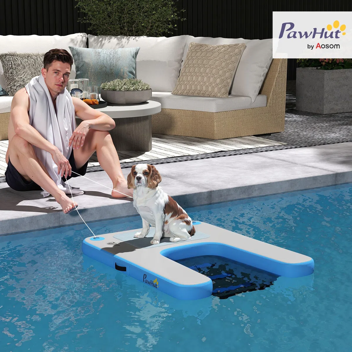 PawHut Rampe Gonflable de Radeau pour Chien antidérapante Bleu et Gris | Plate-forme flottante de sports nautiques, échelle flottante pour piscine, lac, bateau