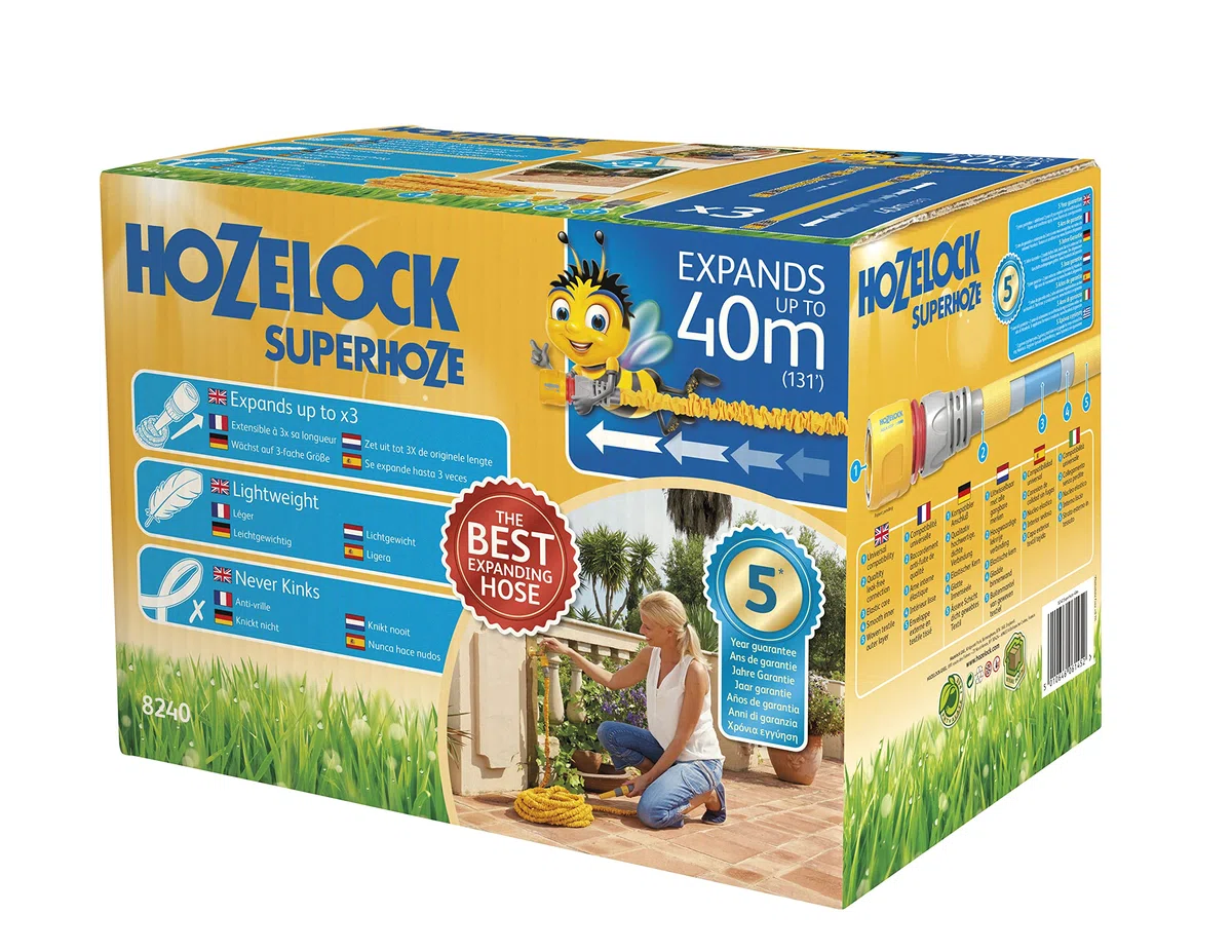 HOZELOCK - Tuyau d'Arrosage Extensible Superhoze 40 M : Tuyau Flexible, s'étire jusqu'à 3x sa Longueur Initiale, avec 2 Raccords Aquastop assurant une Connexion Étanche, Prêt à l'Emploi [8240A1240]