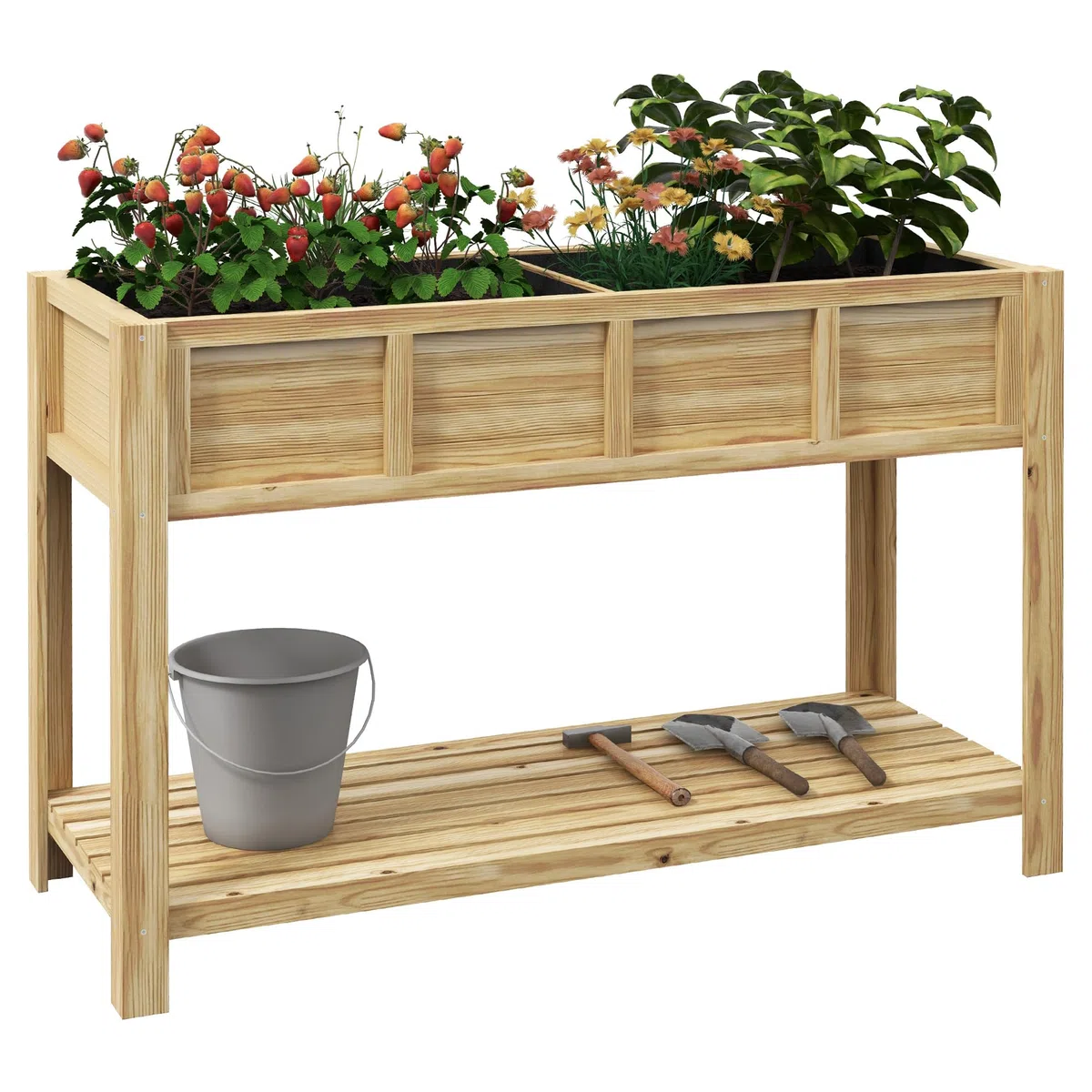 Outsunny Jardinière sur Pieds - Potager avec séparateur Amovible, étagère, Inserts d'irrigation, Feutre de Drainage Inclus - Dim. 115L x 46l x 75H cm - Bois Massif Sapin
