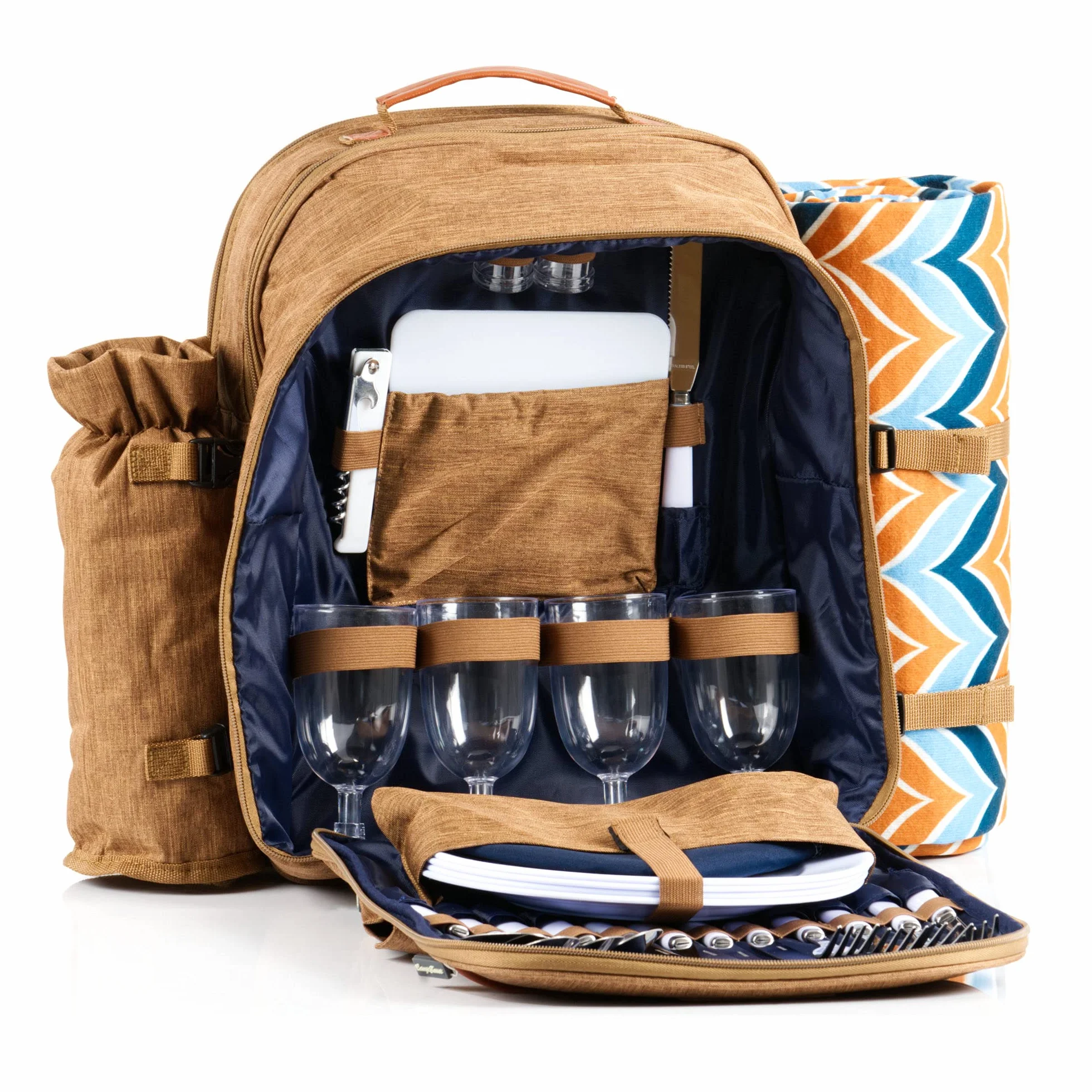 CampFeuer Sac à Dos de Pique-Nique pour 4 Personnes | Marron | Set de Pique-Nique 32 pièces | Comprenant Un Porte-Bouteille et Une Couverture Polaire