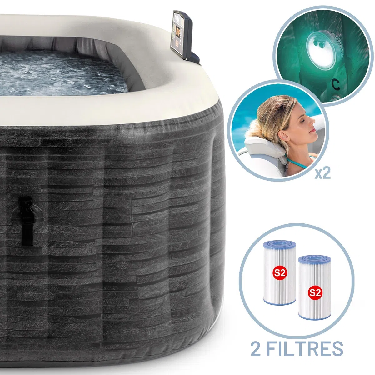 Intex Spa Gonflable carré Greystone Deluxe 4 Personnes, 175 x 175 x 71 cm, Chauffage 2 200 W, Bulles air Chaud, chlorateur salin, épurateur avec Filtre S2 (1 741 l/h), Accessoires Inclus (55093)