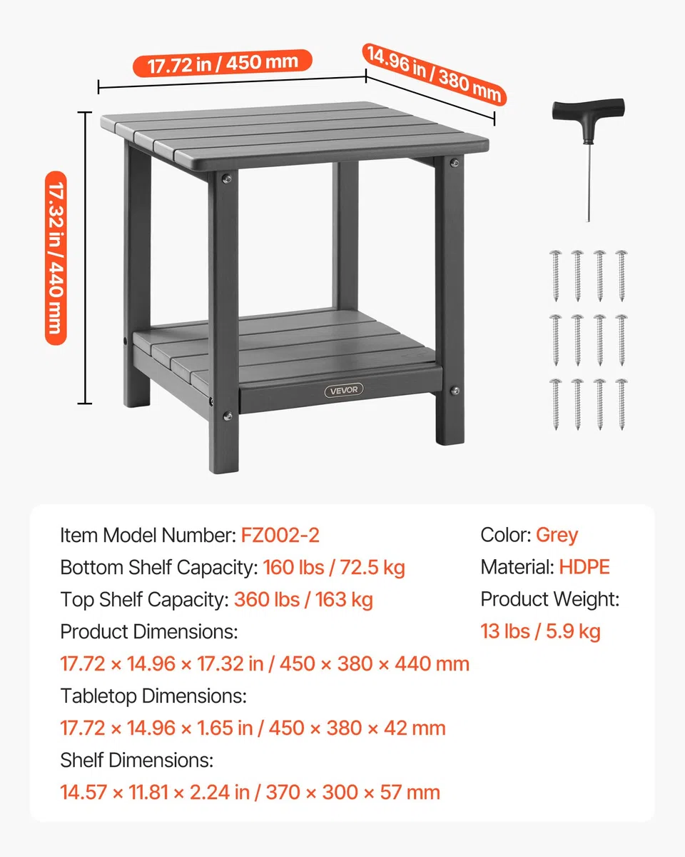 VEVOR Table d'Appoint Extérieur Jardin, 2 Niveaux, 45 x 38 x 44 cm, en PEHD, Entretien Facile, Résiste aux Intempéries, pour Terrasse, Bord de Piscine, Plage, Porche, Patio, Balcon, Intérieur, Gris