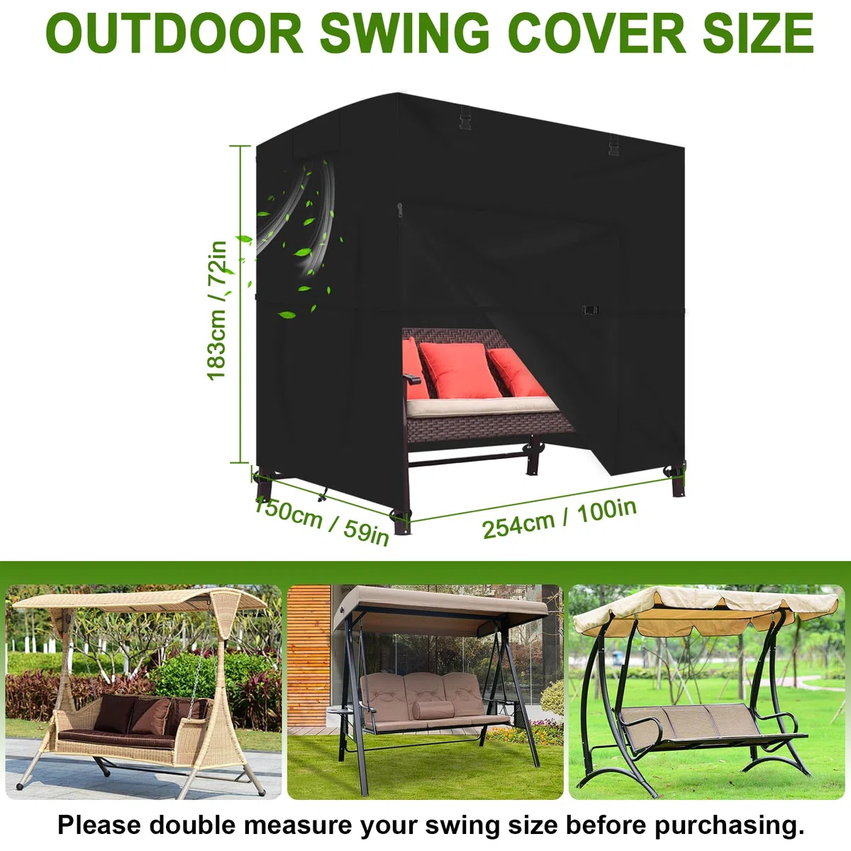 Housse balancelle 3 places,Housse de protection imperméable pour balancelle Hollywood en tissu Oxford 600D,Résistante aux déchirures, avec fermeture éclair et sangles (254*150*183CM)