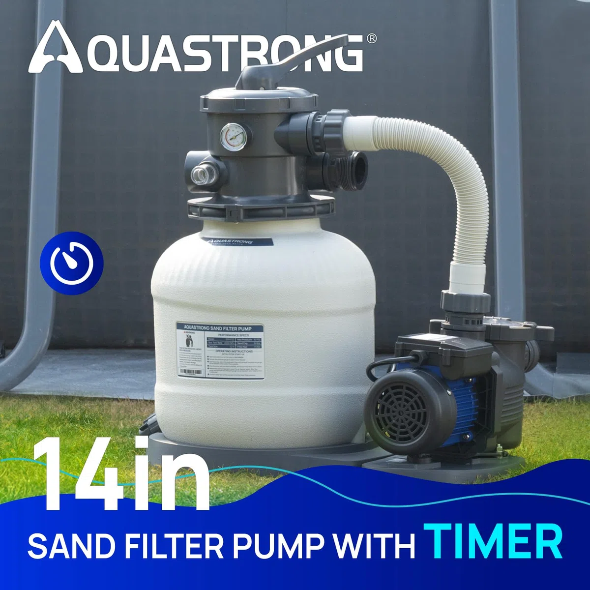 AQUASTRONG Pompe de filtre à sable de 35,6 cm pour piscine hors sol avec minuterie, pompes de piscine hors-sol 2/3 HP 3000 GPH pour piscines jusqu'à 13 000 gall, filtre de piscine avec valve à 6 voies