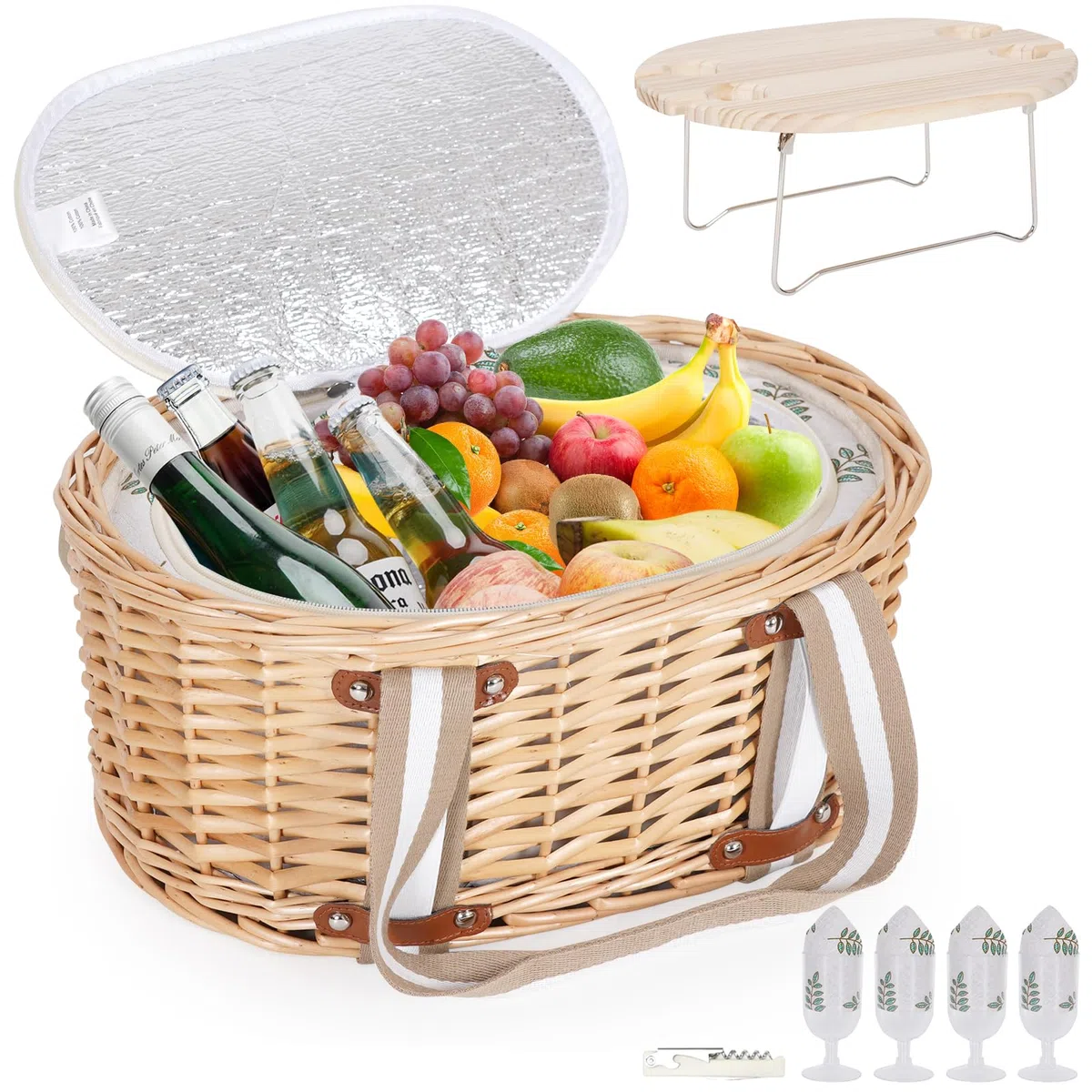 Panier de Pique-Nique Zettfuly pour 4 Personnes - Panier en Osier Isotherme avec Table à vin Pliante, kit de Pique-Nique à vin avec Doublure pour Couples, Camping, extérieur, Saint-Valentin (Feuille)