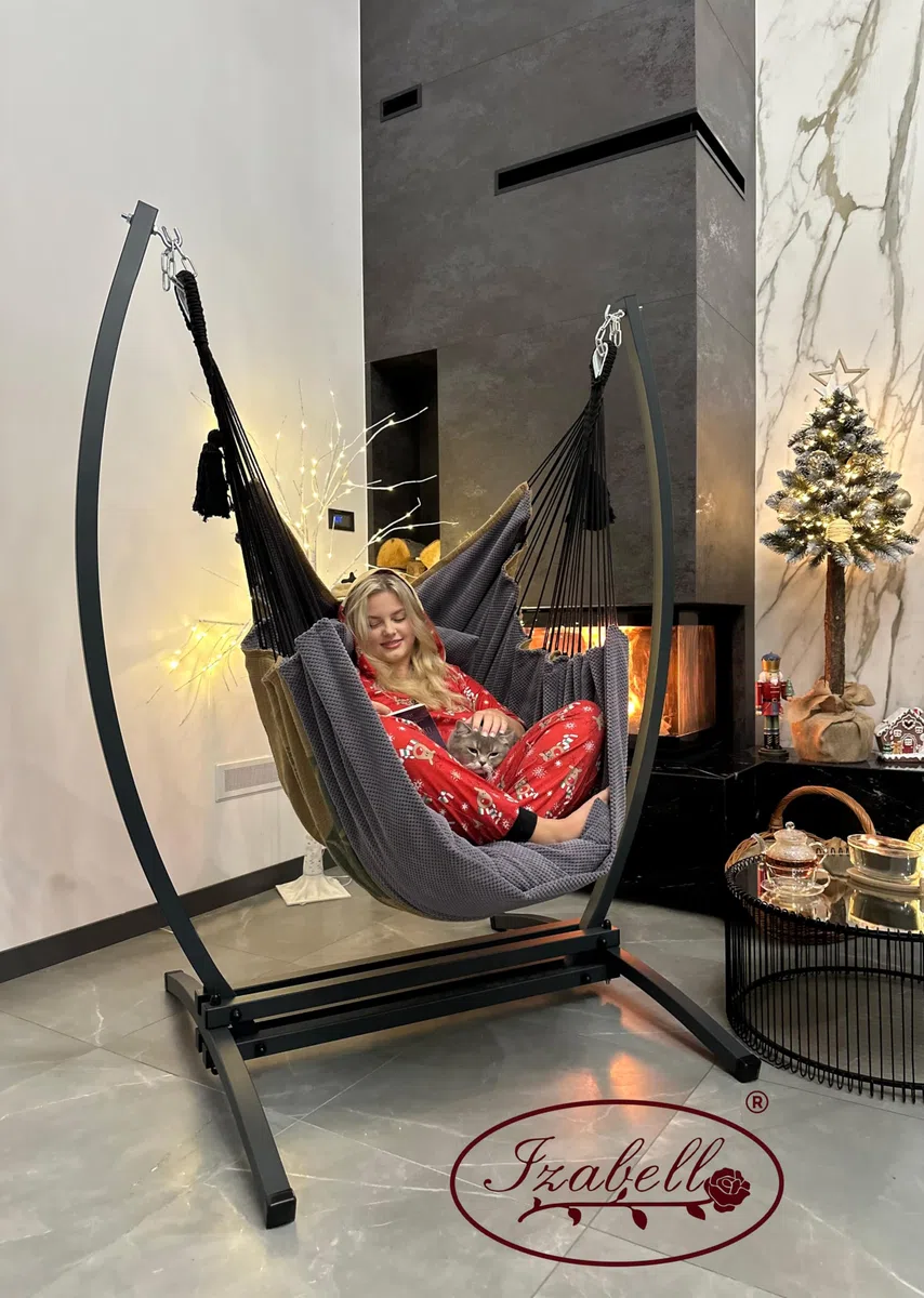 Izabell Fauteuil suspendu avec structure en acier et grands coussins – Chaise à bascule et hamac XXL pour intérieur et extérieur – fabriqué à partir de sacs en toile de jute de torréfacteurs de café
