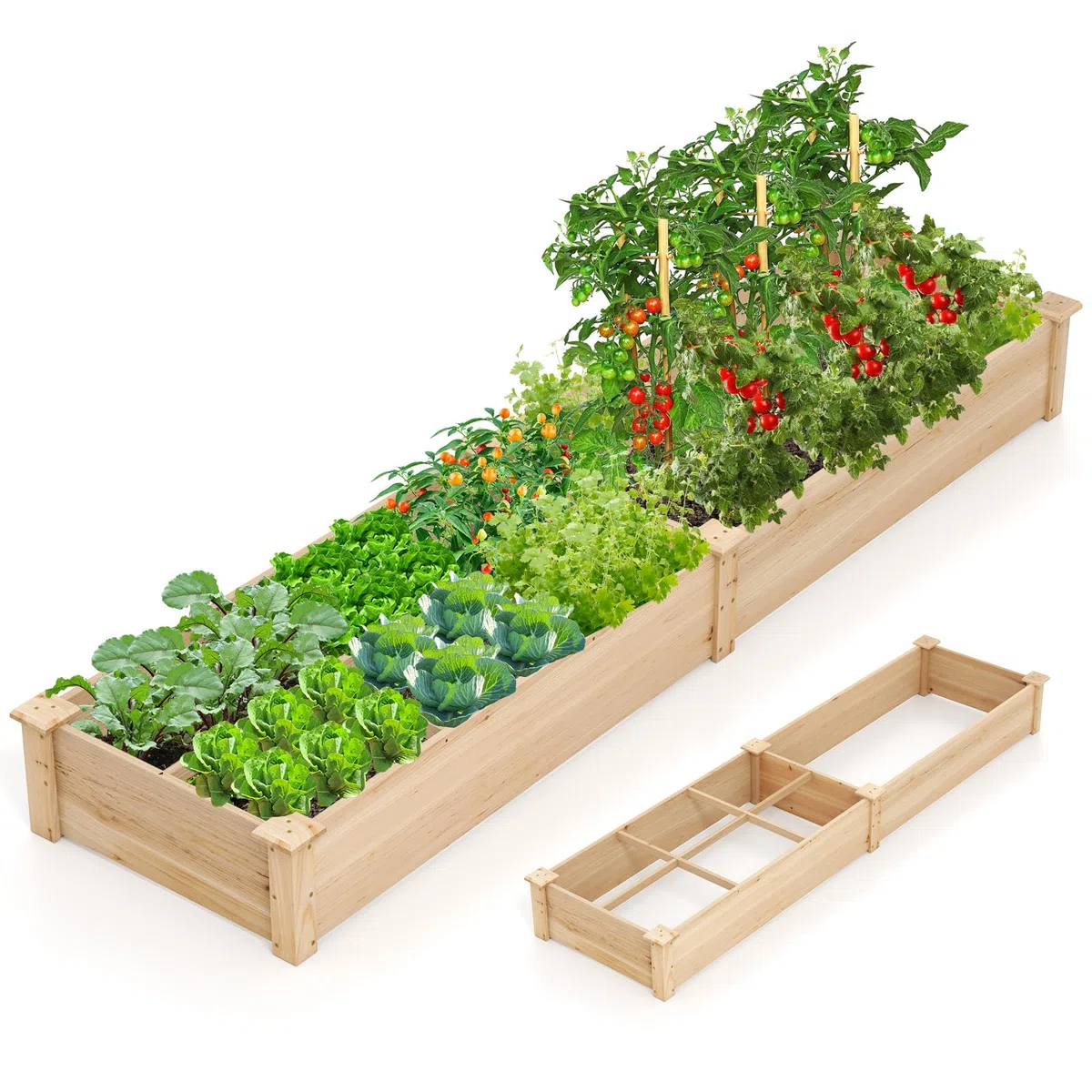 GOPLUS Carre Potager en Bois de Sapin 228x62x25 CM avec Fond Ouvert, Potager Exterieur avec 1 Grand Bacs à Plantation et 6 Petit Bac pour Fleurs Légumes Fruits Herbes, Idéal pour Balcon (Brun)
