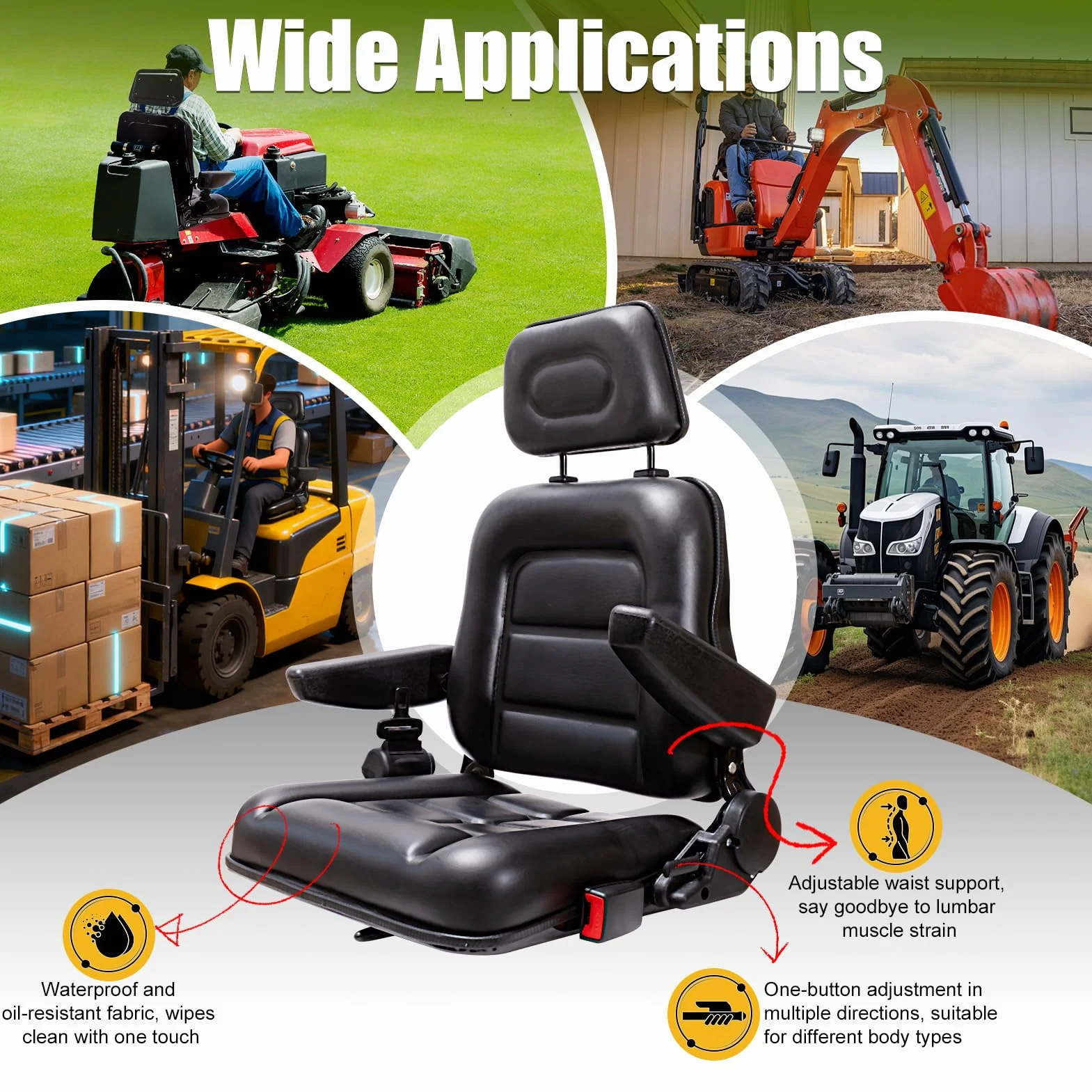 Siège universel pour chariot élévateur - Siège de tracteur avec bras et dossier réglable - Siège de tondeuse en polyuréthane étanche - Pour tracteur, pelleteuse, chariot élévateur, chargeuse