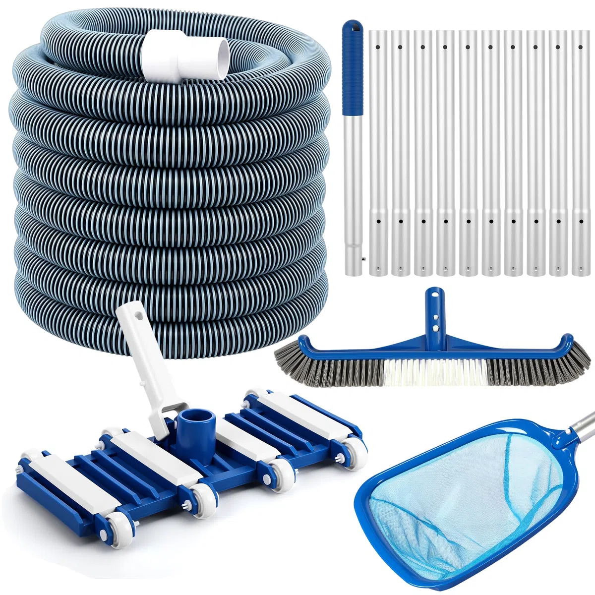 Kit d'aspirateur de piscine 5 pièces comprenant un tuyau de 2,5 à 1,3 cm x 9 m avec tête d'aspiration à roue pivotante, un poteau réglable, une brosse de 44,5 cm et un filet d'écumoire pour