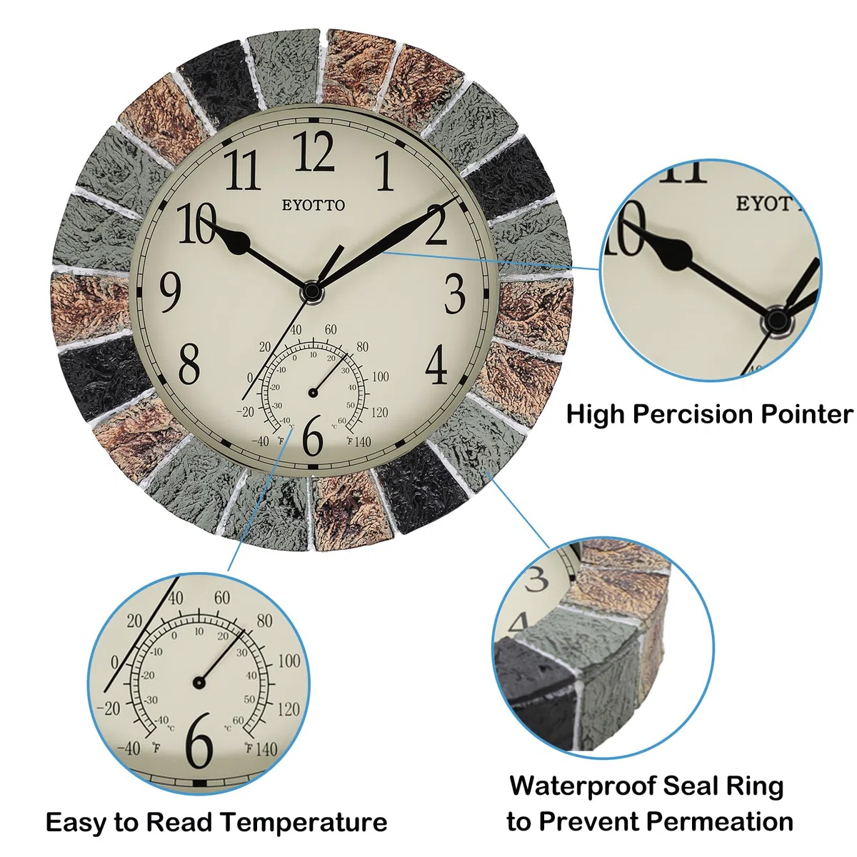 eYotto Horloge murale intérieur/extérieure de 25,4 cm avec thermomètre - Résistante aux intempéries, étanche, silencieuse - Pour terrasse, piscine, jardin, lanai, clôture, véranda, salle de bain