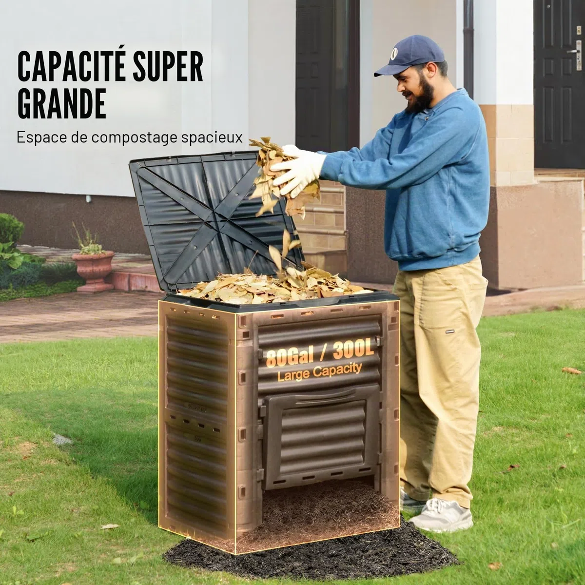 VEVOR Composteur de Jardin 300 L Bac à Compost Extérieur sans BPA avec Couvercle Porte Inférieure Grande Capacité Facile à Installer pour Collecte des Feuilles Compostage Création Rapide Sol Fertile