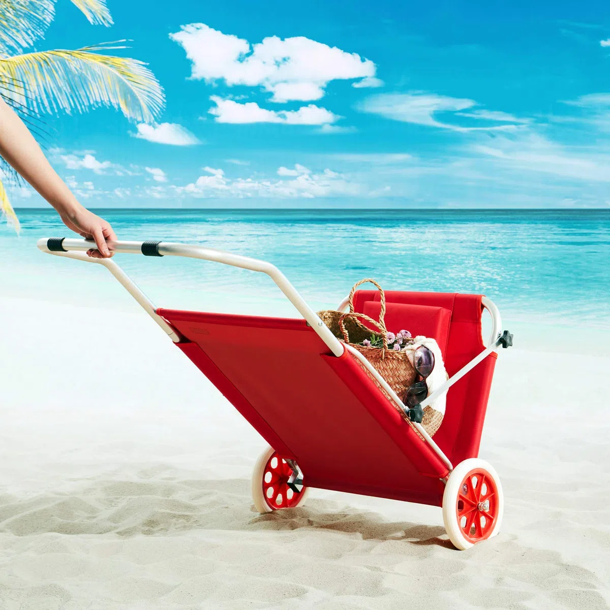 Casaria Chaise Longue de Plage Crête Rouge transat Pliable Chariot de Transport avec Pare Soleil réglable Camping Voyage