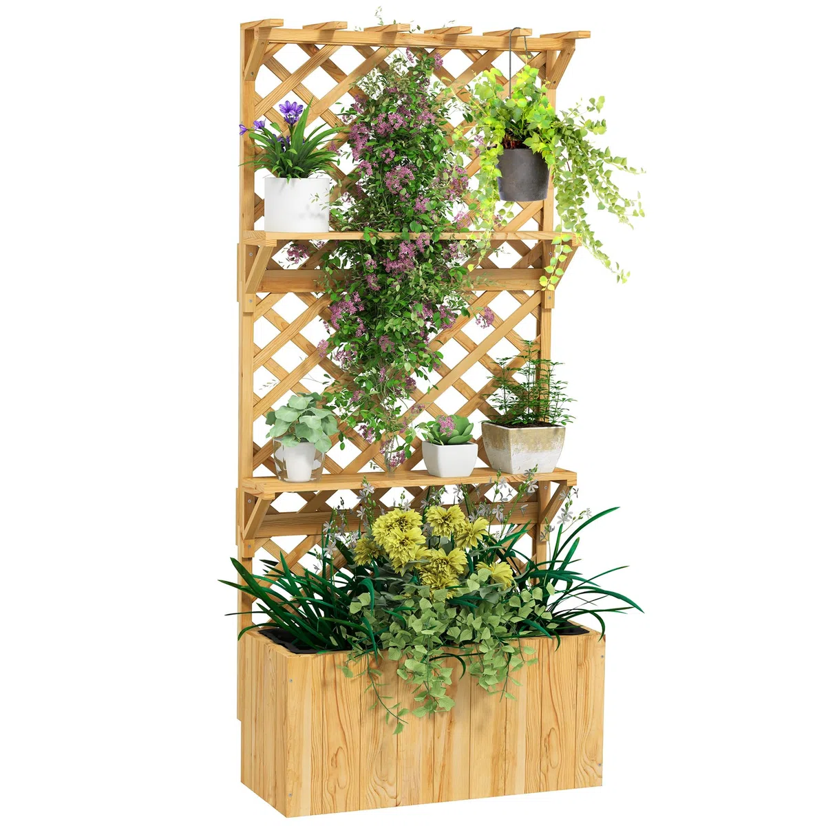 Outsunny Jardinière avec Treillis, Lit Surélevé sur Pied Bois Naturel | Jardin Potager, avec Étagères, Trous de Drainage, Doublure, Bac à Fleurs, Pot de Plantes, Balcon Terrasse Patio