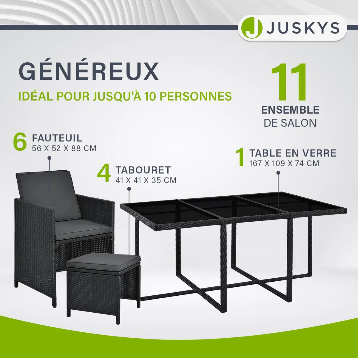 Juskys Groupe de sièges en polyrotin Baracoa XL 11 pièces résistant aux intempéries et empilable - Ensemble de mobilier de Jardin avec 6 chaises, 4 tabourets et Table - Noir, 10 Personnes