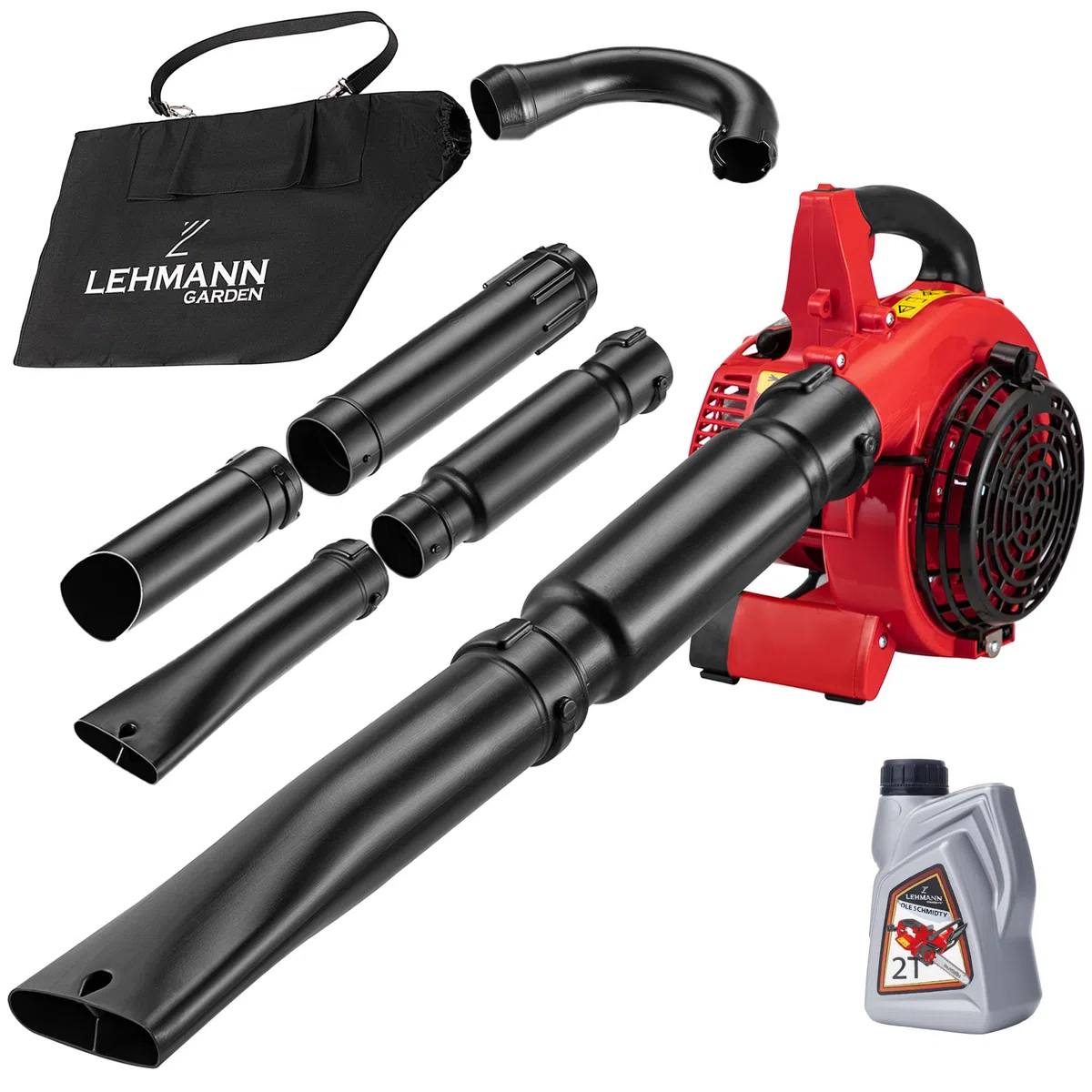 Lehmann Souffleur de Feuilles Thermique 4en, Aspirateur à Feuilles avec Fonction Broyage & Sac de 50L, 2 Temps, Vitesse 97 m/s, Harnais, 2 Tubes & 0,5L Huile Spéciale