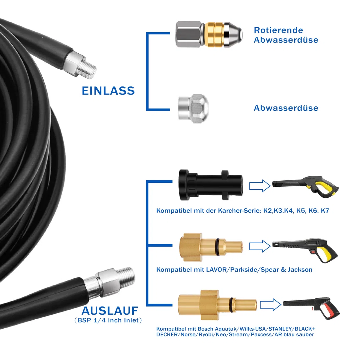 20m Tuyau de Nettoyage Haute Pression 5800 PSI/400 bar - Compatible Kärcher K2 à K7, Lavor, Bosch - Kit complet avec adaptateurs, buses et gants de protection
