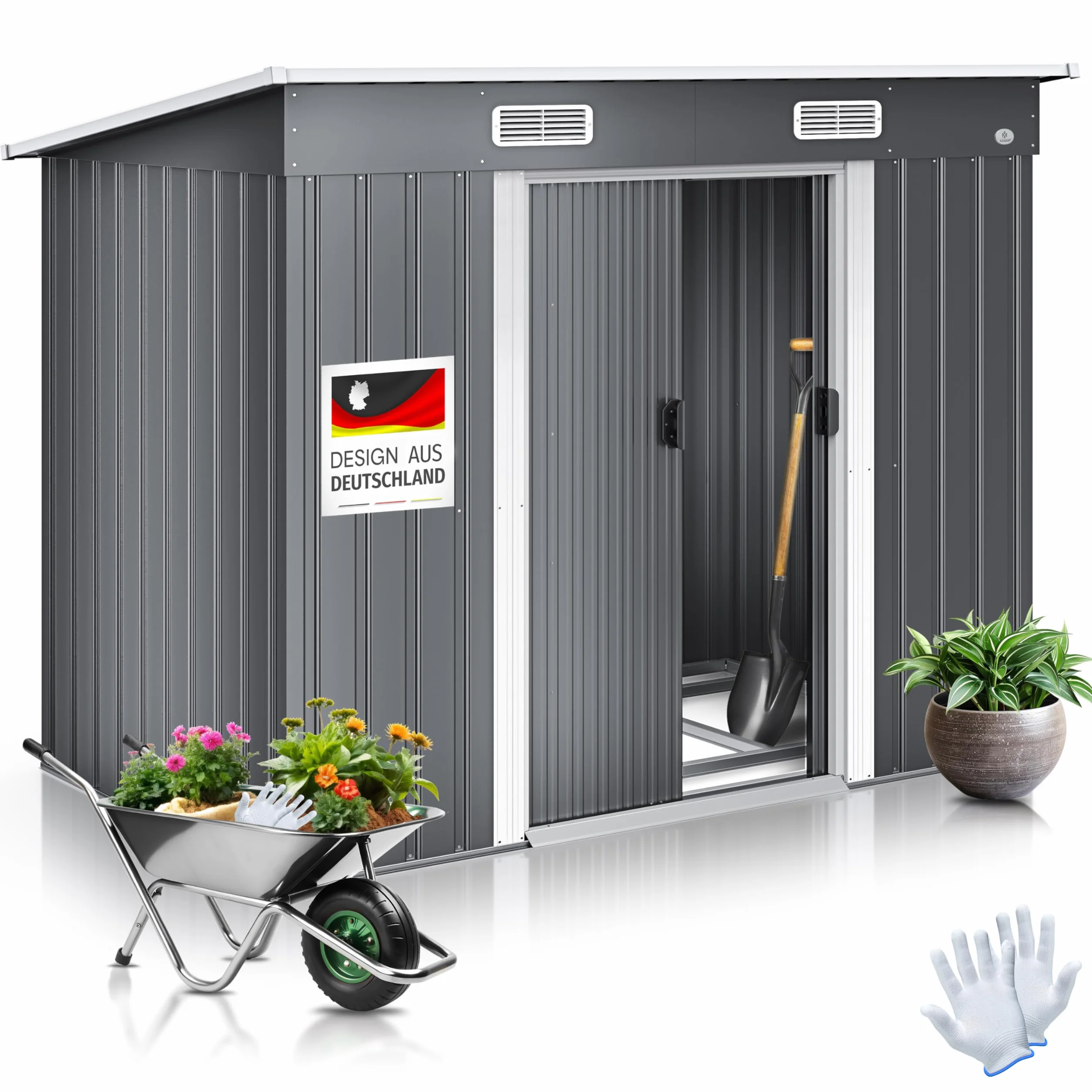 KESSER - Abri de jardin L en métal 4 m³ avec fondation | 194 x 112 x 181 cm | 2 portes coulissantes et fondations | Toit en pente | Avec gants de