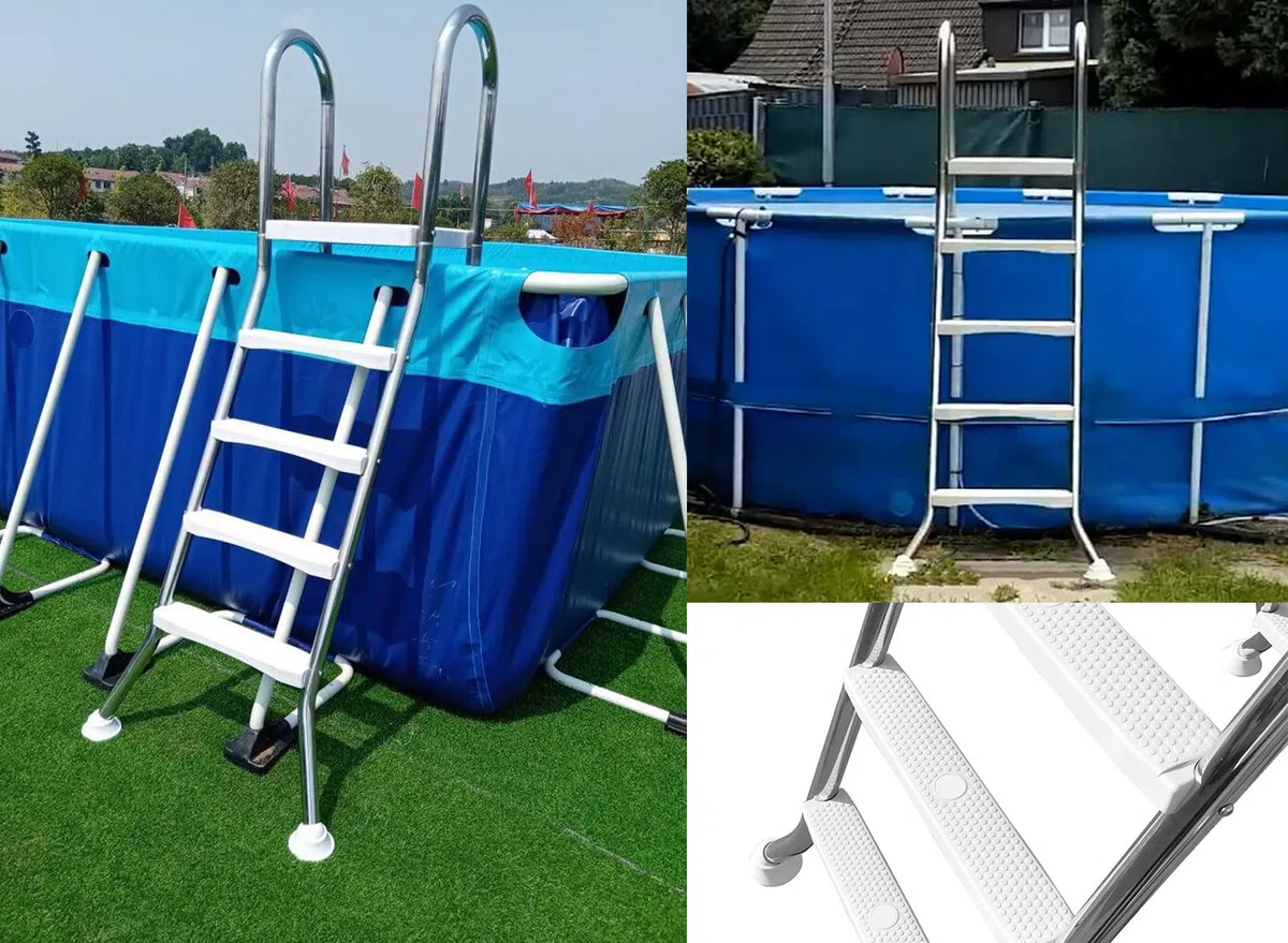 Échelle de piscine hors sol, en acier inoxydable, 4 marches, double face pour piscine de 132 cm, design robuste, supporte 250 kg, construction durable et sûre