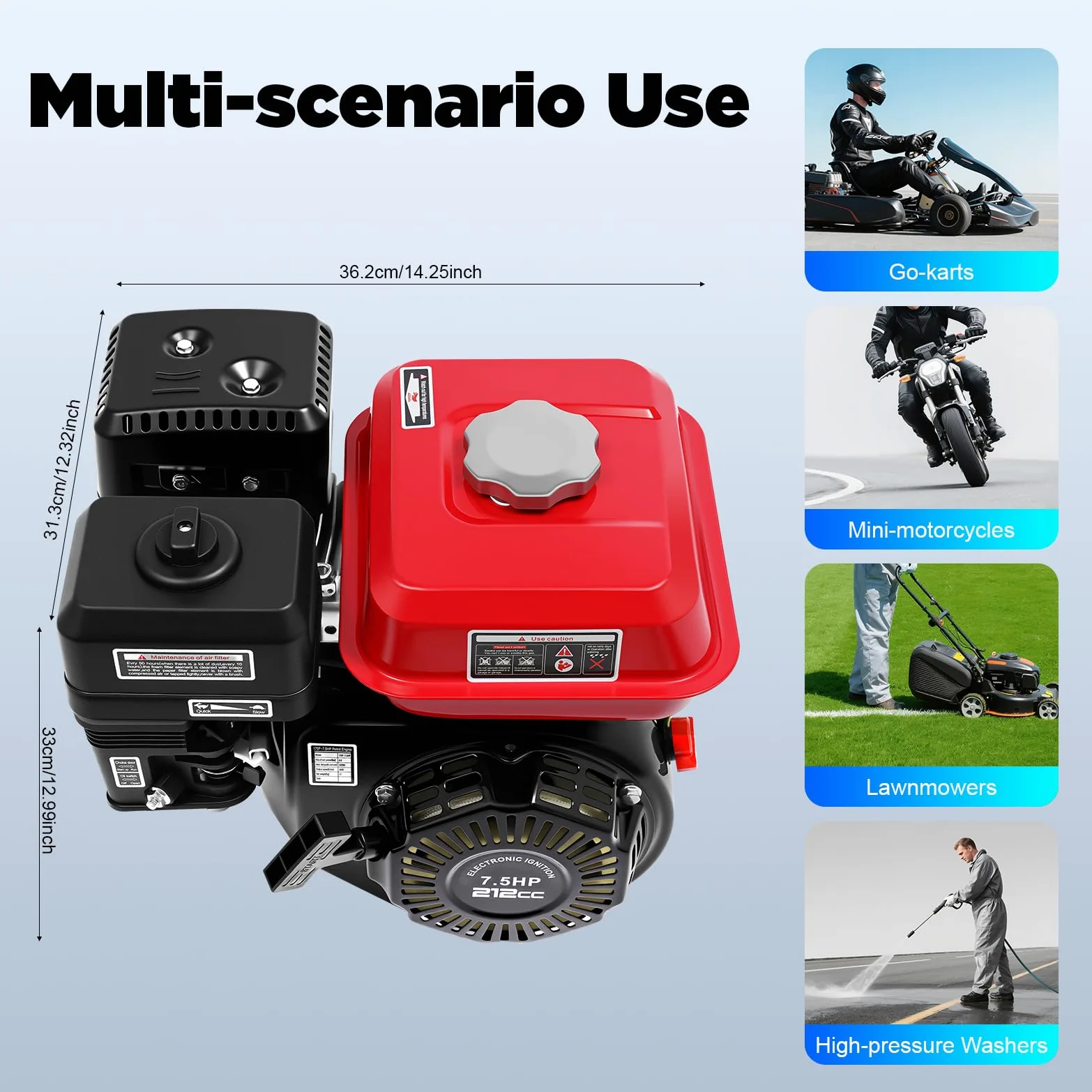 7.5CV Moteur Thermique 4 Temps, OHV Moteur à Essence, Monocylindre, 3600 tr/min, pour Motoculteur, Tondeuse, Fraise à Neige, Refroidissement à air