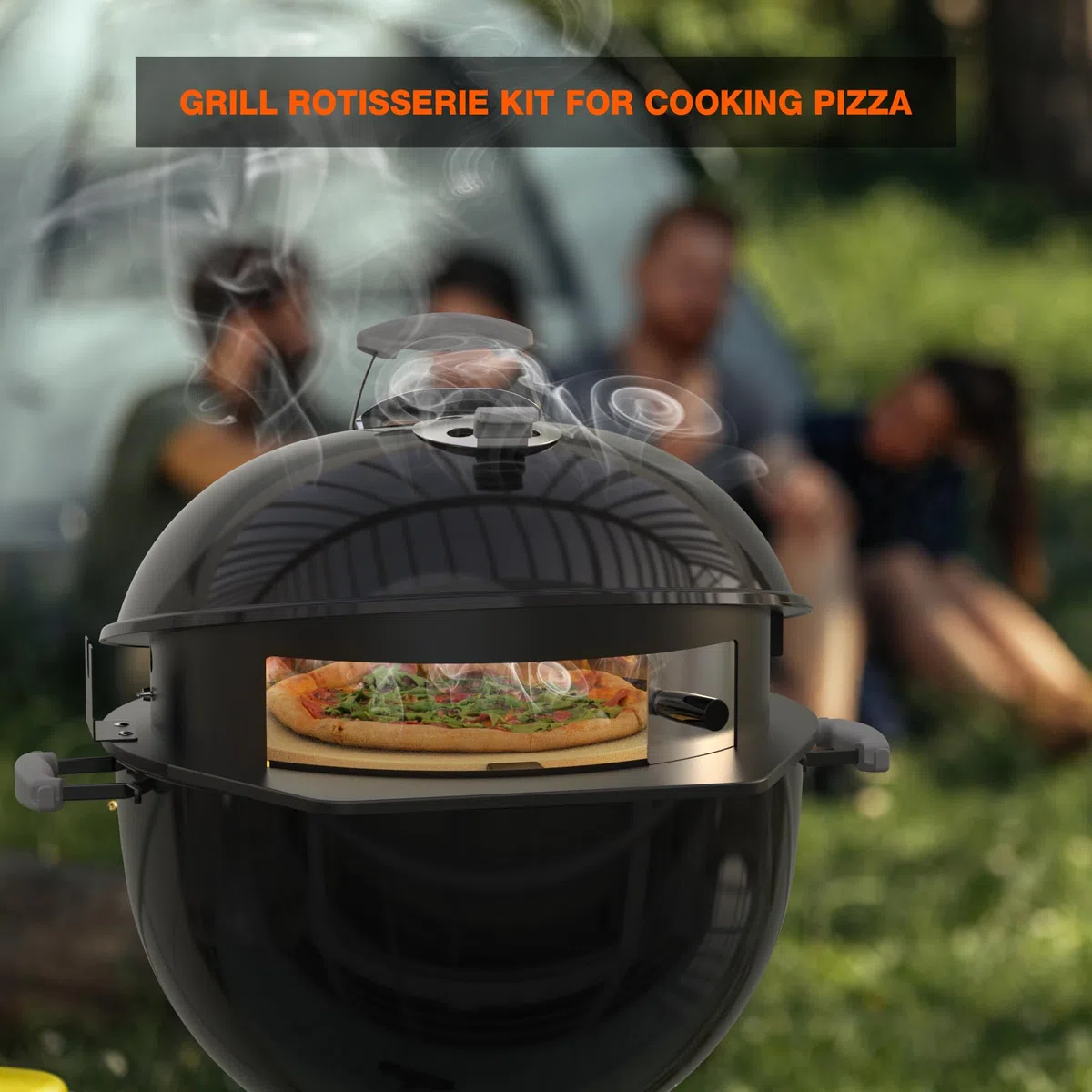 onlyfire Tourne Broche Barbecue Kit avec D'anneaux à Pizza pour Weber 57 cm Kettle Charcoal Grill, pour Rôtir du Poulet et Cuire des Pizzas, avec Moteur, Anneau à Charbon de Bois, Pierre à Pizza