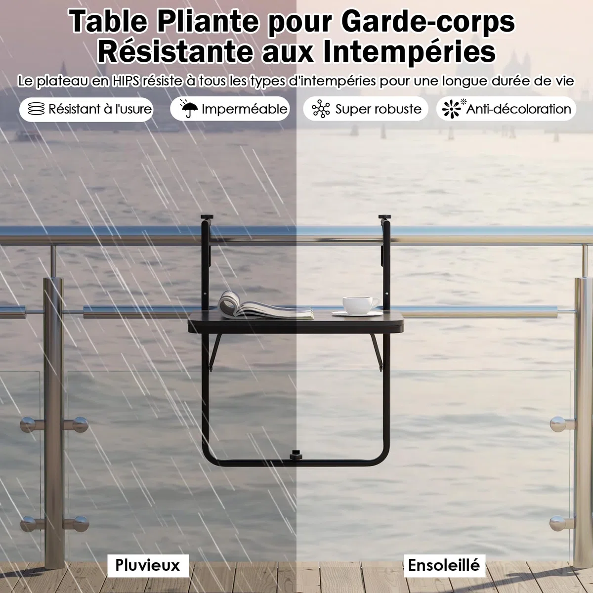 GIANTEX Table de Balcon Suspendue Pliable, Table Suspendue Rabattable et Hauteur Réglable, Résistante aux Intempéries, Charge 30 kg, pour Balcon, Terrasse, Jardin, 62,5 x 60 x 84 cm, Noir
