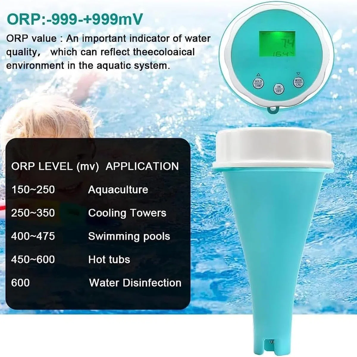 Testeur d'eau de piscine numérique 6 en 1 avec application - Mesure professionnelle du pH, du redox, du chlore, de l'EC et de la température - Détecteur de qualité de l'eau