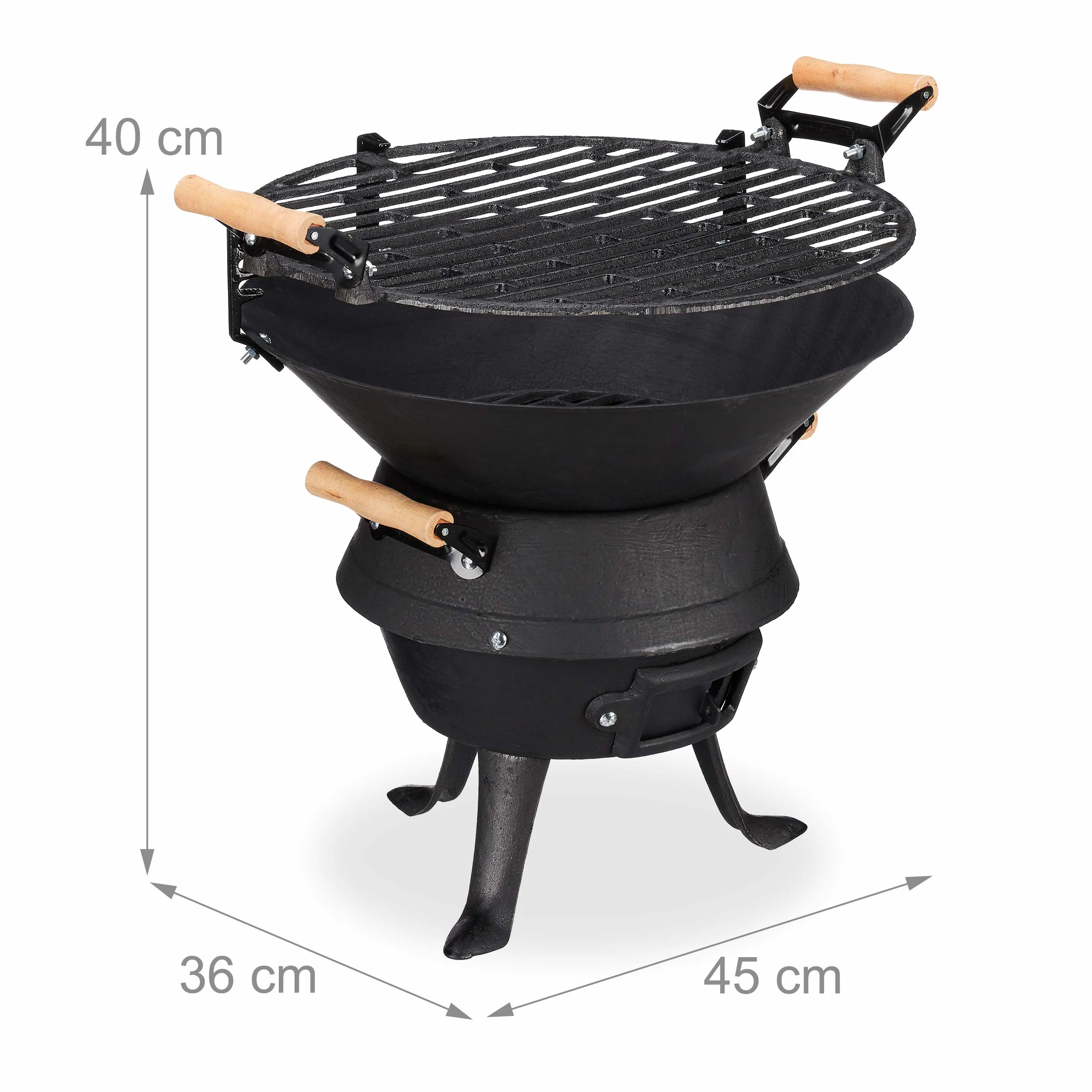 Relaxdays Baril de Barbecue en Fonte de Fer, Foyer réglable en Hauteur, aération, pour Charbon, HlP 40x45x36cm. Noir