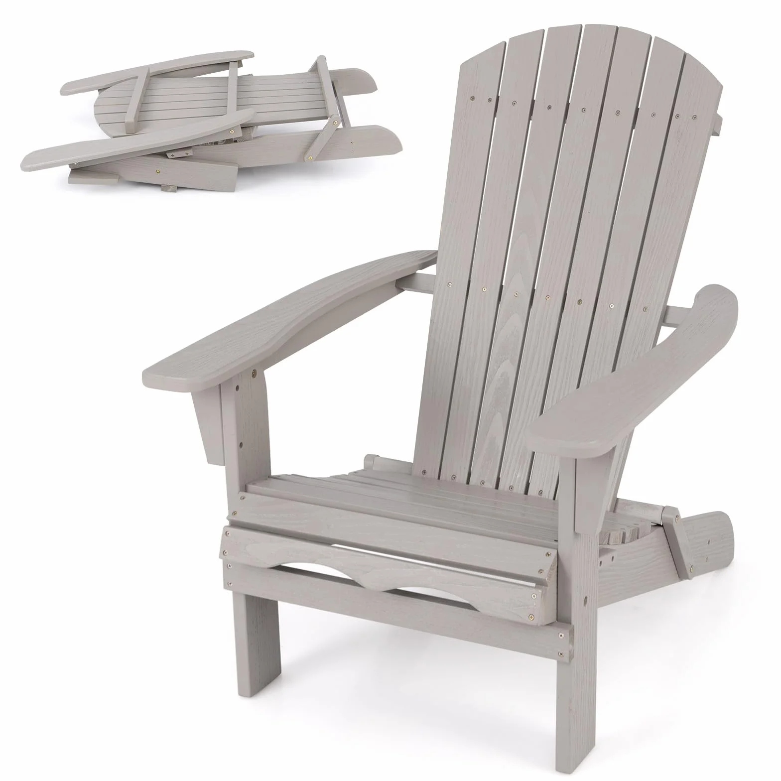 GOPLUS Chaises Adirondack, Chaise d'Extérieur Pliable avec Cadre Bois Massif, Dossier Incurvé et Accoudoirs Larges, Max.180 Kg, pour Terrasse, Jardin, Piscine (89 x 71 x 94 cm, Gris,1)