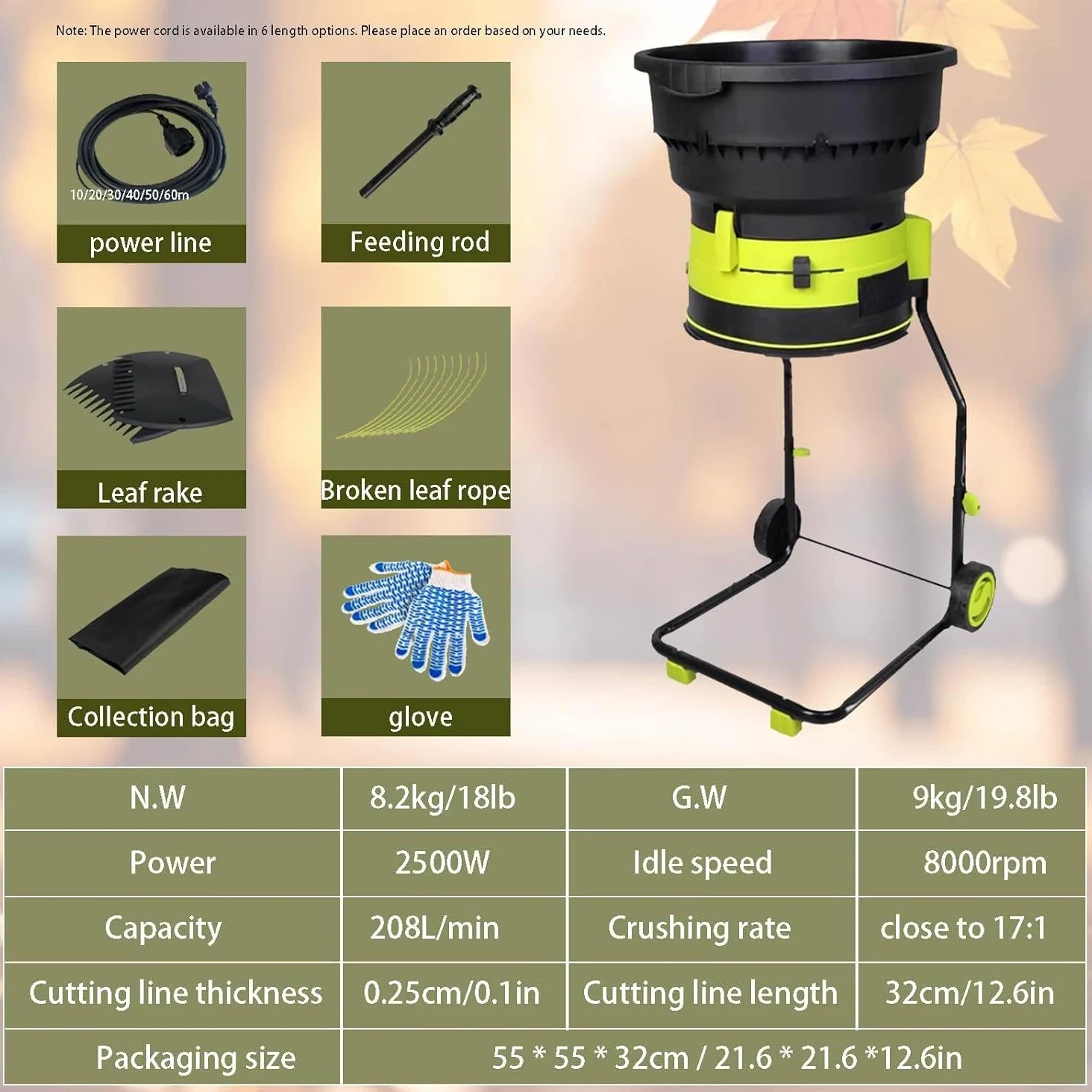 Broyeur De Feuilles électrique, Broyeur De Feuilles sans Lame Haute Puissance De 2 500 W pour Un Rapport De Réduction De 17:1, Paillage Jusqu'à 55 Gallons par Minute Nopowercord