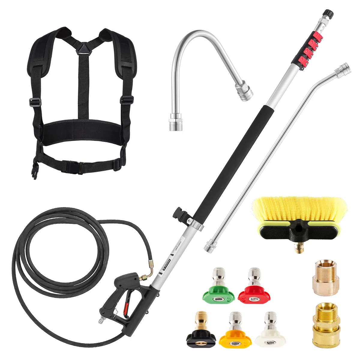 M MINGLE Lance Télescopique Haute Pression 6 m avec Tête de Brosse, 280 bar | Kit de Rallonges Haute Portée, avec 5 Embouts de Buse et 2 Raccords de Tuyau, pour Nettoyage de Gouttières, Fenêtres et Toits