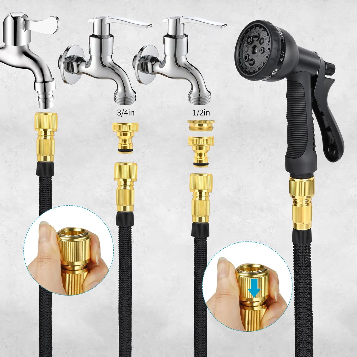 Tuyau d'Arrosage Extensible 30m avec 8 Modèles de Pulvérisation Convient aux Robinets de 1/2" et 3/4" Raccords en Métal Durables pour Nettoyage du Jardin, Laver la Voiture, Arroser (Noir)