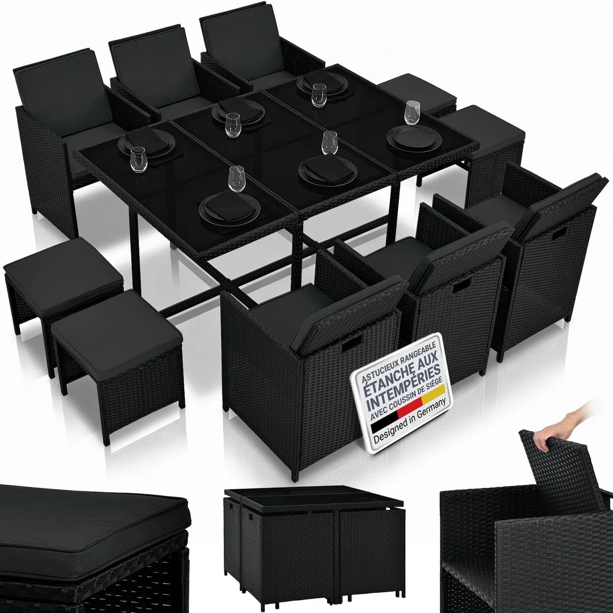 Juskys Groupe de sièges en polyrotin Baracoa XL 11 pièces résistant aux intempéries et empilable - Ensemble de mobilier de Jardin avec 6 chaises, 4 tabourets et Table - Noir, 10 Personnes