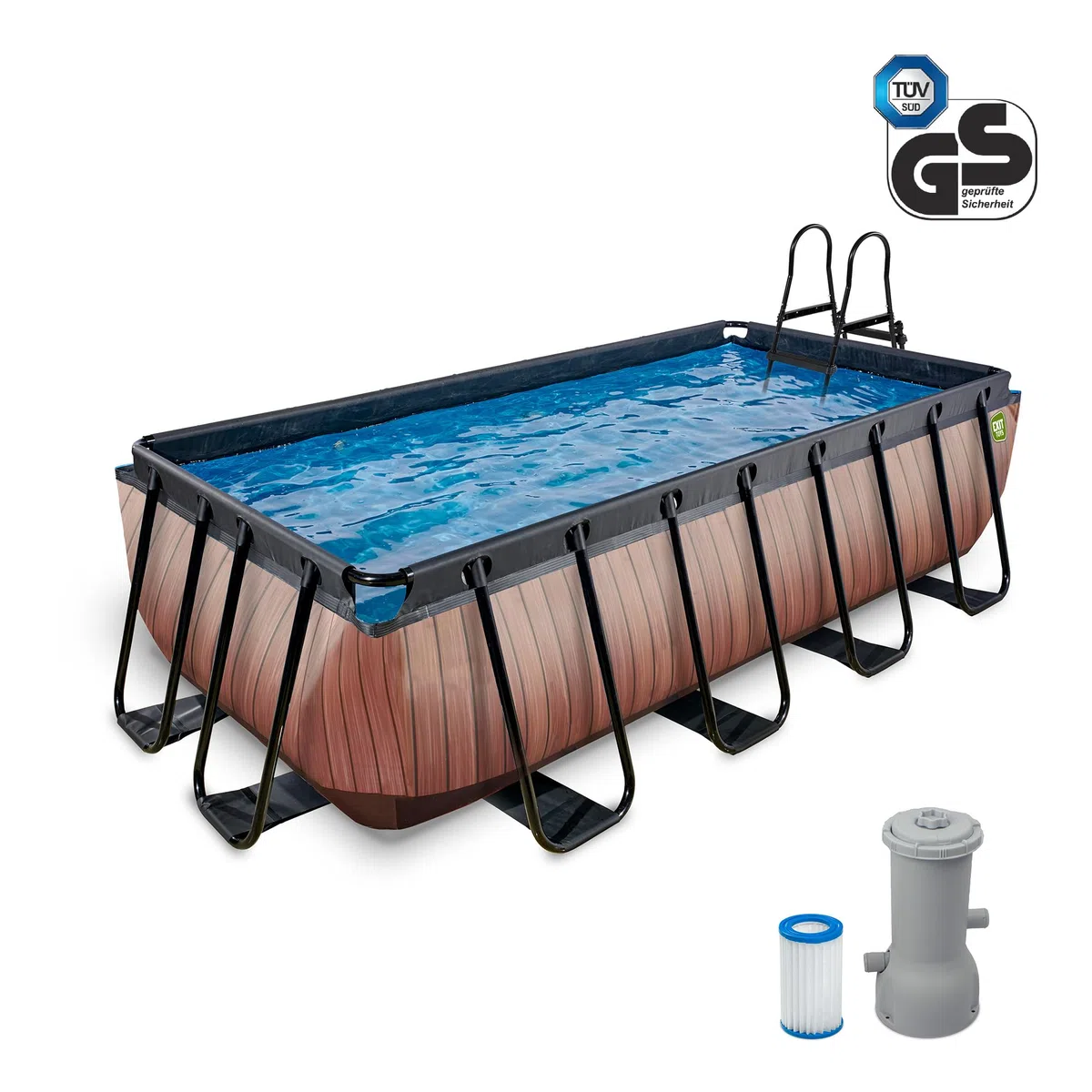EXIT Toys Piscine Tubulaire Rectangulaire 400 x 200 x 100 cm avec Pompe Filtrante – Piscine Hors Sol pour Familles et Enfants – Bassin Acier TÜV CE en 16582 – Wood – Marron
