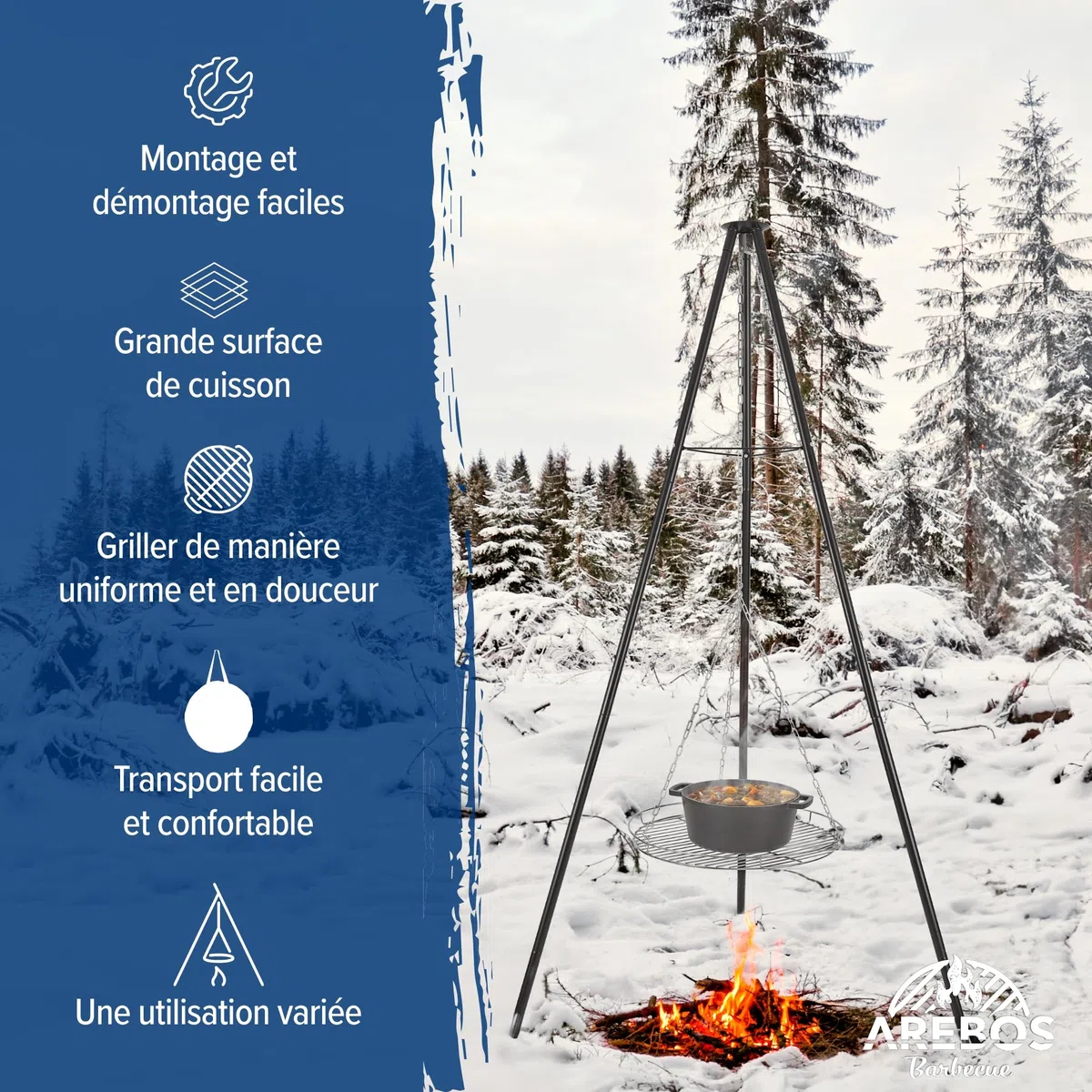 Arebos Barbecue suspendu | Barbecue au charbon de bois avec brasero Ø 51 cm | Trépied pour chaudron à goulasch | Grille de cuisson Ø 49 cm | Armature de barbecue avec brasero | Chaîne réglable en