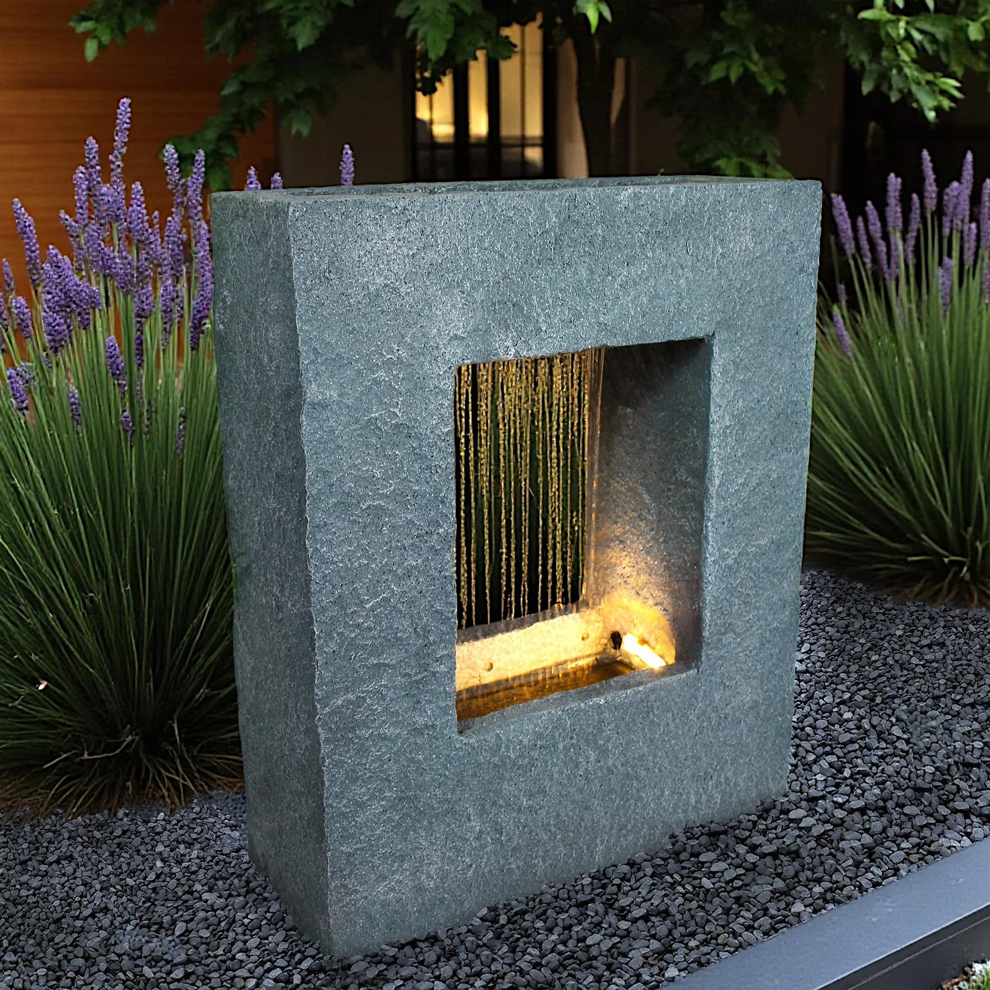 Fontaine de jardin avec éclairage LED 65x53 cm Fontaine d'intérieur Fontaine aspect pierre Pluie cascade rectangulaire blanc chaud Fontaine à jet Décoration de jardin