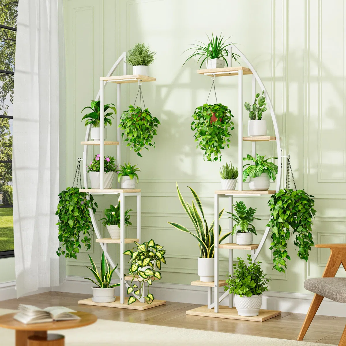 BACEKOLL Support pour plantes d'intérieur en métal Étagère haute à 6 niveaux Lampes de croissance Presentoir en demi-lune Support pour salon et terrasse - Blanc