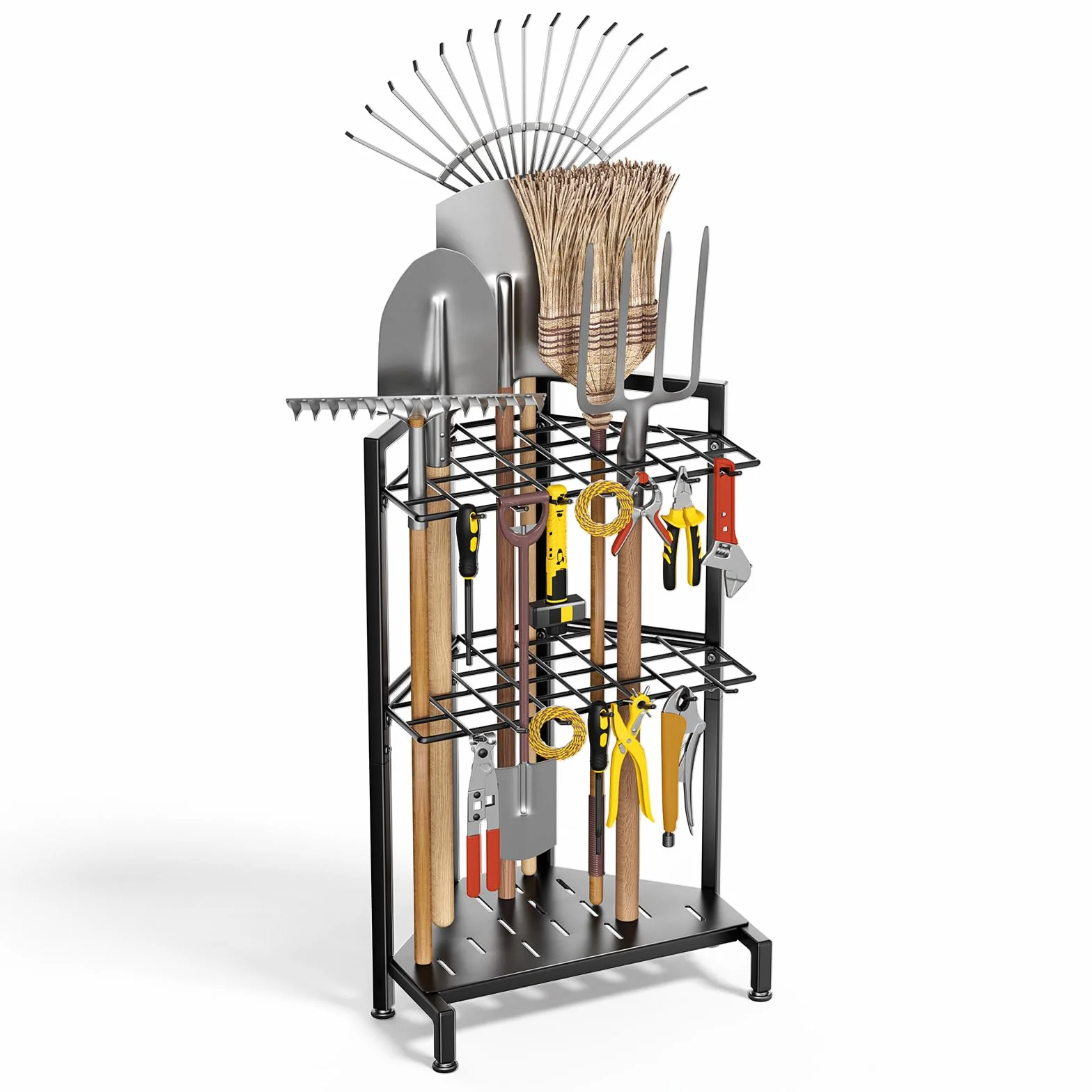 Organiseur Outil de Jardin, Support à Outils d'Angle pour Garage, jusqu'à 34 outils manche, 14 Crochets, Support de Jardin en Acier Résistant avec Pieds Réglables pour Râteaux, Pelles, Balais