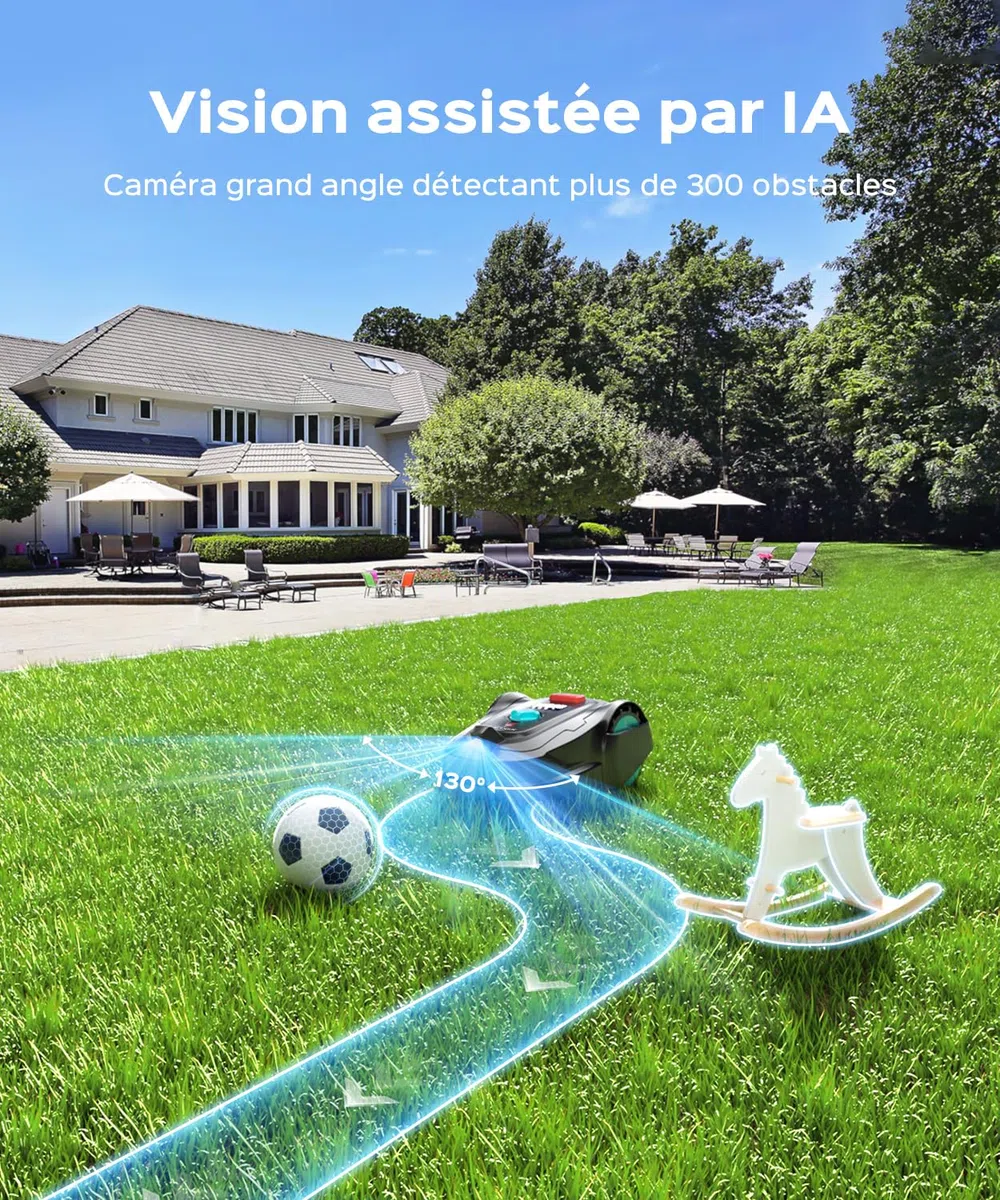 YARDCARE M800Plus Robot Tondeuse sans Fil Périphérique, Jusqu’à 800 m², Coupe en U, GPS + Vision IA, Contrôle Via App, Évitement de 150 Obstacles（Noir et Bleu）