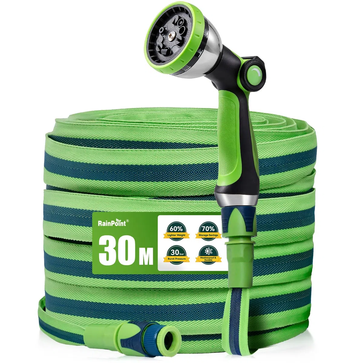 RAINPOINT Tuyau d'Arrosage Flexible 30m, Tuyau d'Eau Léger en TPE, Tissu Oxford 800D, Pression 30 Bar, Pistolet 10 Jets, Raccords 1/2" & 3/4"
