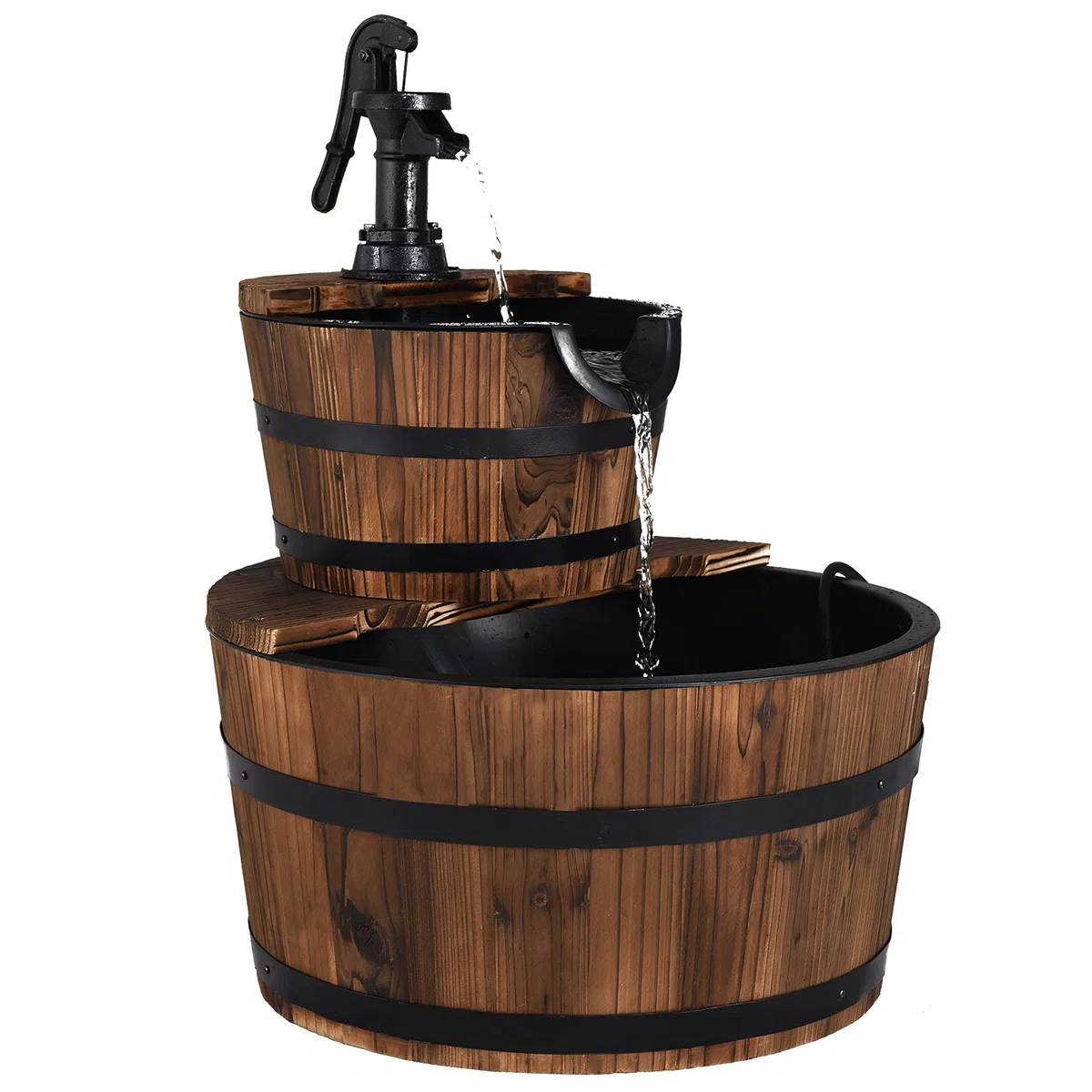 GOPLUS Fontaine à Eau à 2 Couches en Sapin Carbonisé, Écoulement d’Eau Ajustable, Fontaine Extérieure avec Pompe Manuelle Décorative, Idéal pour Jardin ou Cour, Marron Foncé
