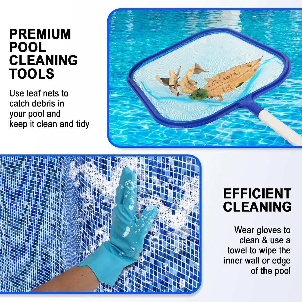 Starward Epuisette Piscine 150 cm, Filet de Piscine avec Télescopique Réglable, Maille Fine Outils de Nettoyage, avec Gants Silicone, Serviette, pour Nettoyer la Piscine Fontaine Bassins