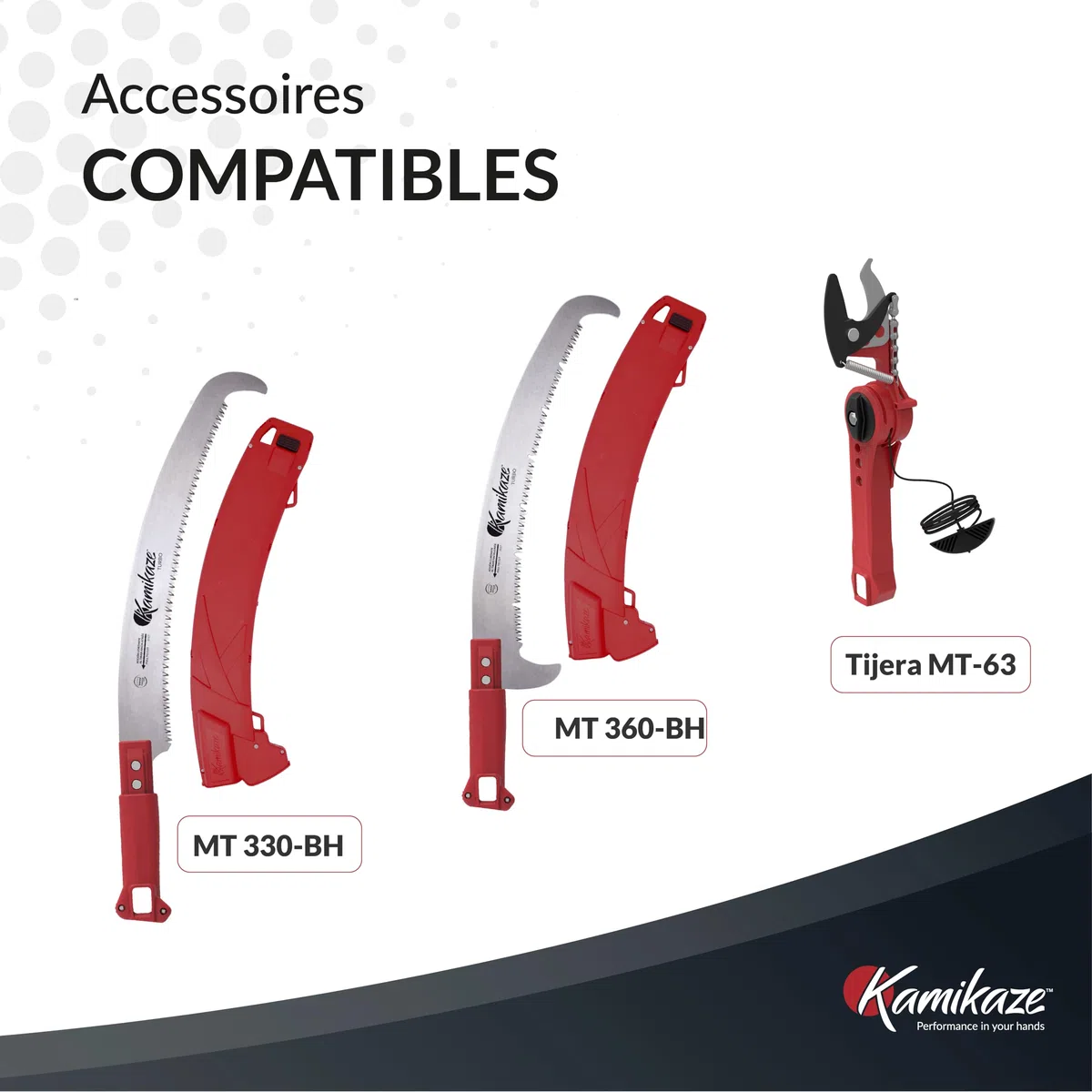 KAMIKAZE Perche multi-outils télescopique de 1,5 m en aluminium anodisé Poignées en polypropylène rouge compatible avec scies MT330-BH Turbo, MT360-BH Turbo et ciseaux MT-63