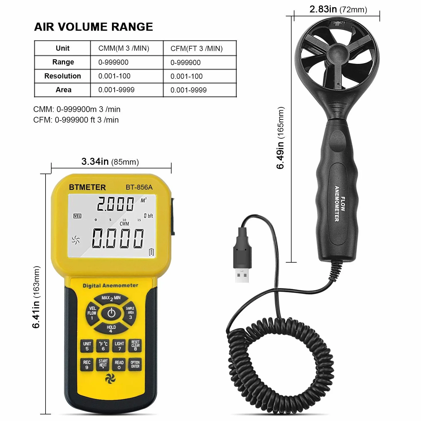 BTMETER Anémomètre BT-856A Pro CFM, mesure la vitesse du vent, le débit du vent, la température du vent pour CVC, compteur de vitesse avec USB