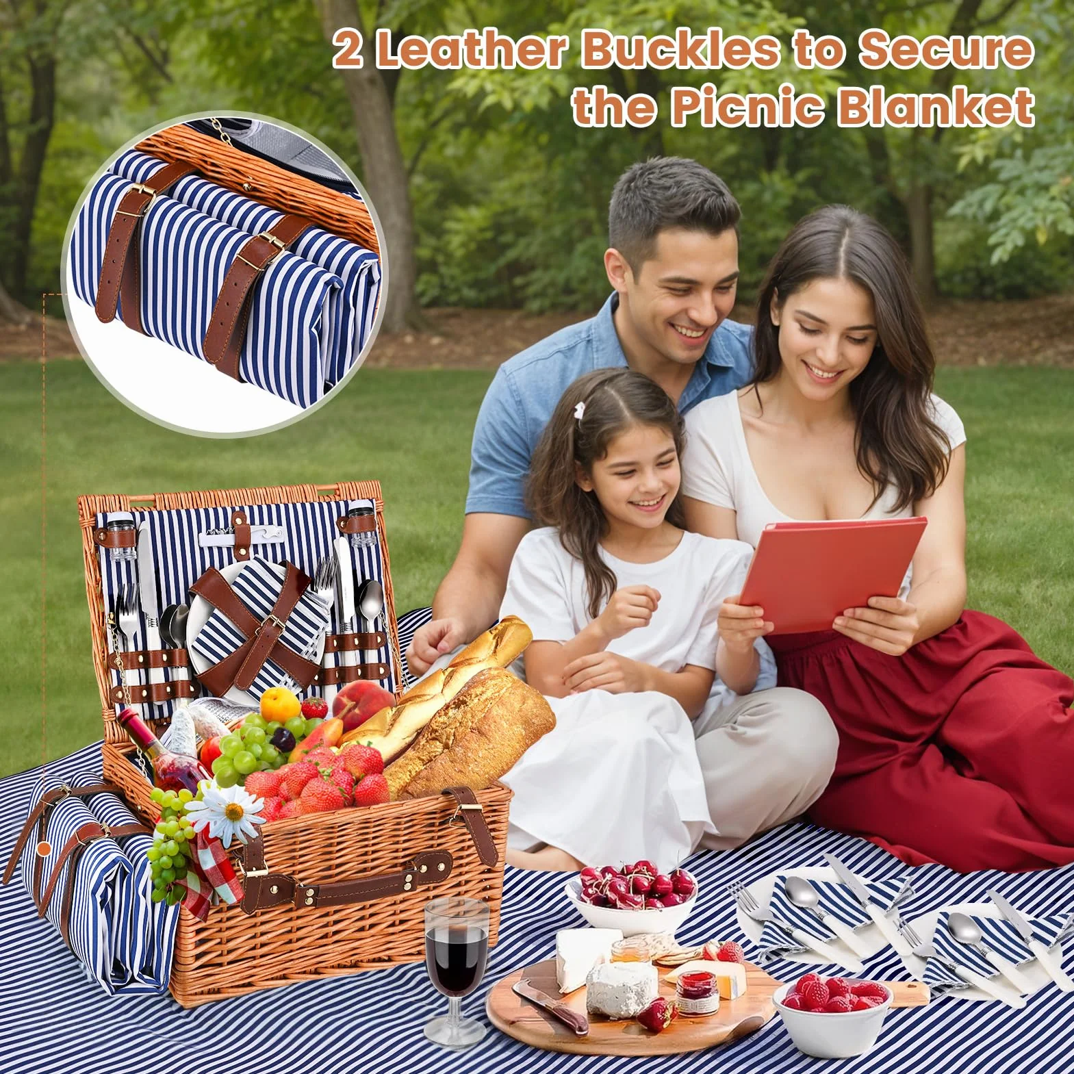 Panier de Pique-Nique en Osier pour 4 Personnes, avec Compartiment Isotherme, Couverture Imperméable, Couverts, pour Camping, Fête en Plein Air, Randonnée (Bleu, Boucles en Cuir)