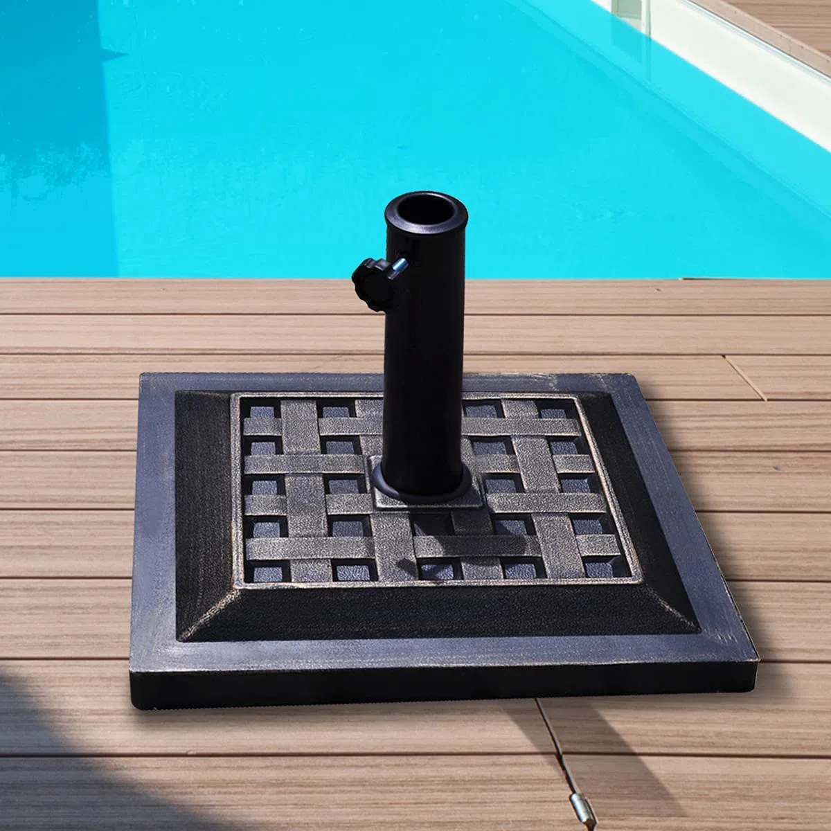 RELAX4LIFE Pied de Parasol Carré 12kg en Résine, Base de Parasol Lourde avec Tube en Acier Inoxydable pour Mâts Ø 38/48mm, Support de Jardin Stable et Robuste, Design Moderne, Noir
