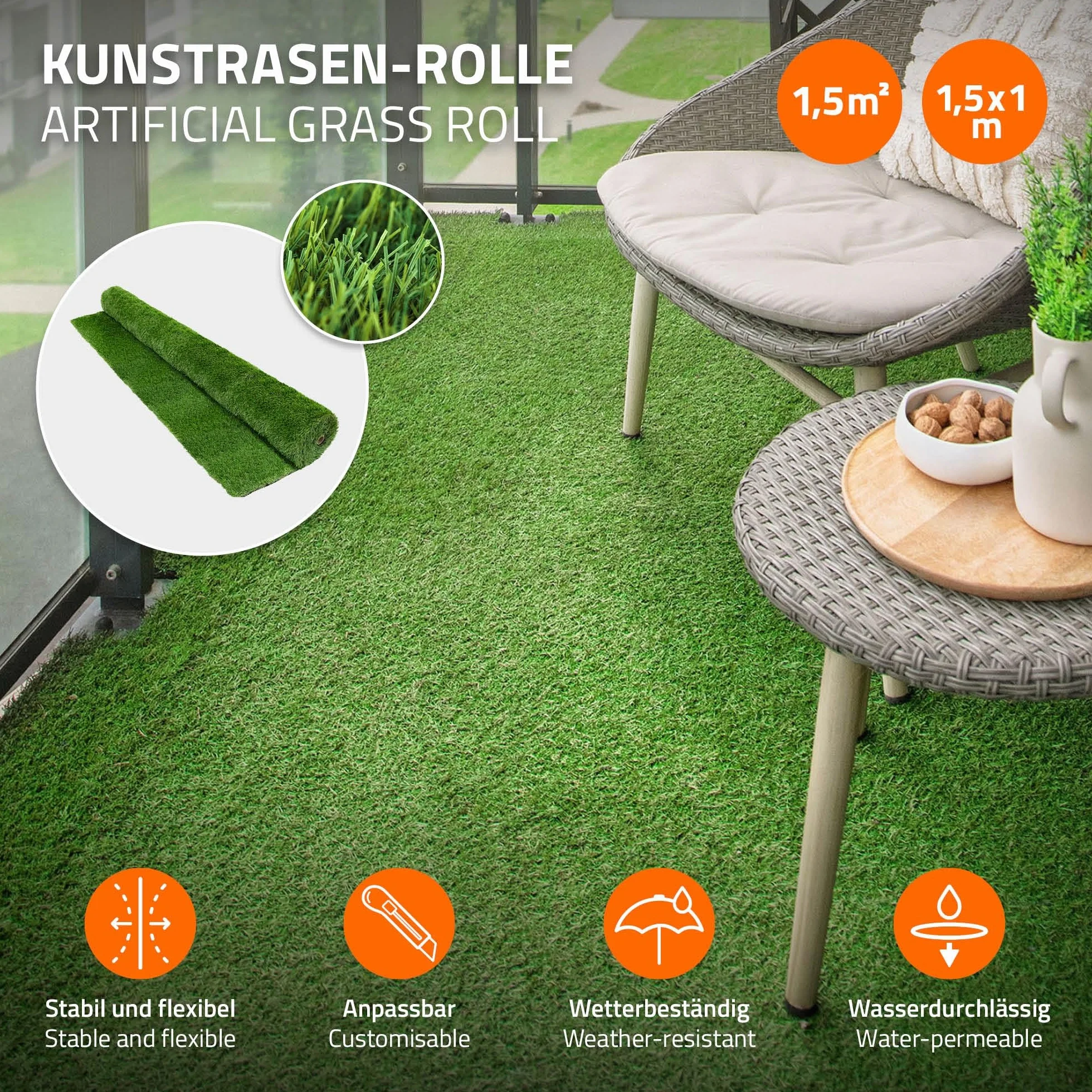 ECD Germany Gazon Synthétique 18mm en Rouleau 1,5m² (1,5x1m), Vert Multinuancé, Drainage Rapide et Facile à Découper, Résistant Intempéries, Tapis Artificiel Pelouse Herbe Fausse Revêtement de Sol