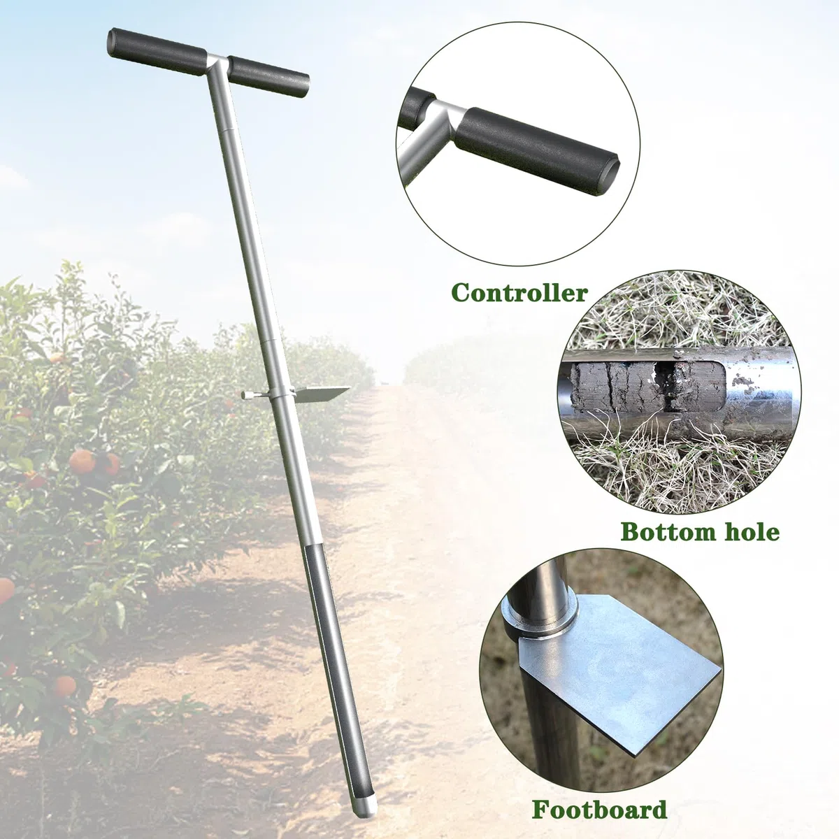 Sonde d'échantillon de sol de 91,4 cm - Poignée en T en acier inoxydable - Sondes de sol pour échantillons de sol avec pédale et sacs d'échantillons réutilisables pour ferme, agriculture, jardin